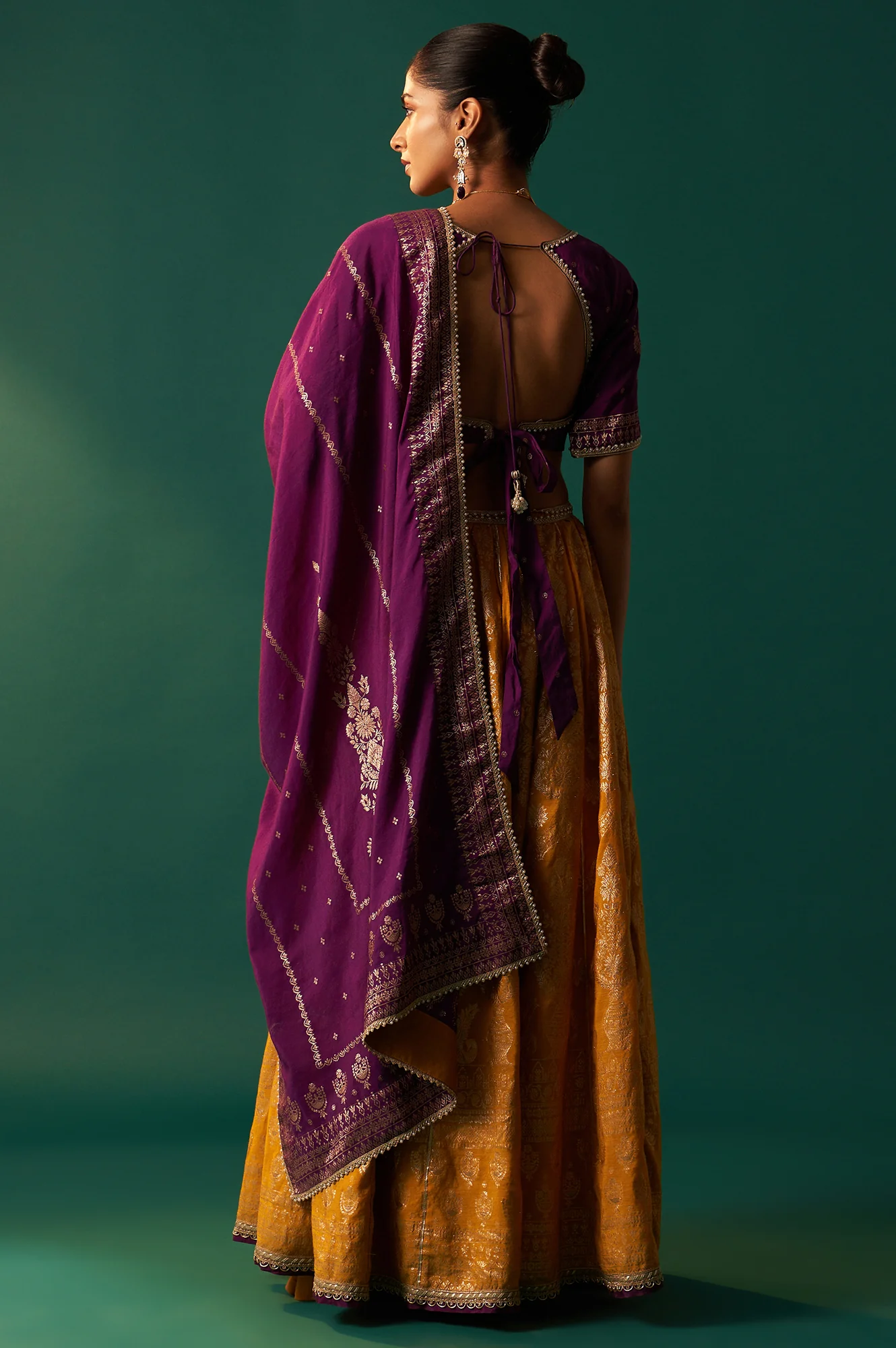 Purple Embroidered Chanderi Jacquard Blouse with Flared Skirt and Dupatta Set - Image 5