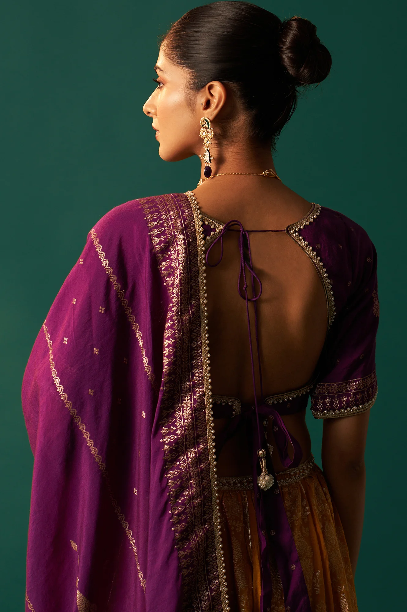 Purple Embroidered Chanderi Jacquard Blouse with Flared Skirt and Dupatta Set - Image 7