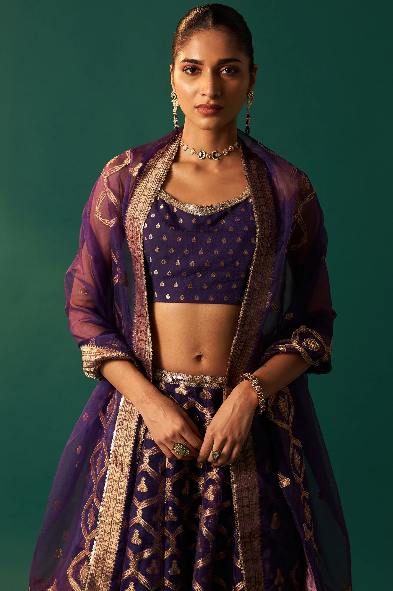 Purple Zari Embroidered Jacquard Blouse with Flared Skirt and Dupatta Set - Image 2