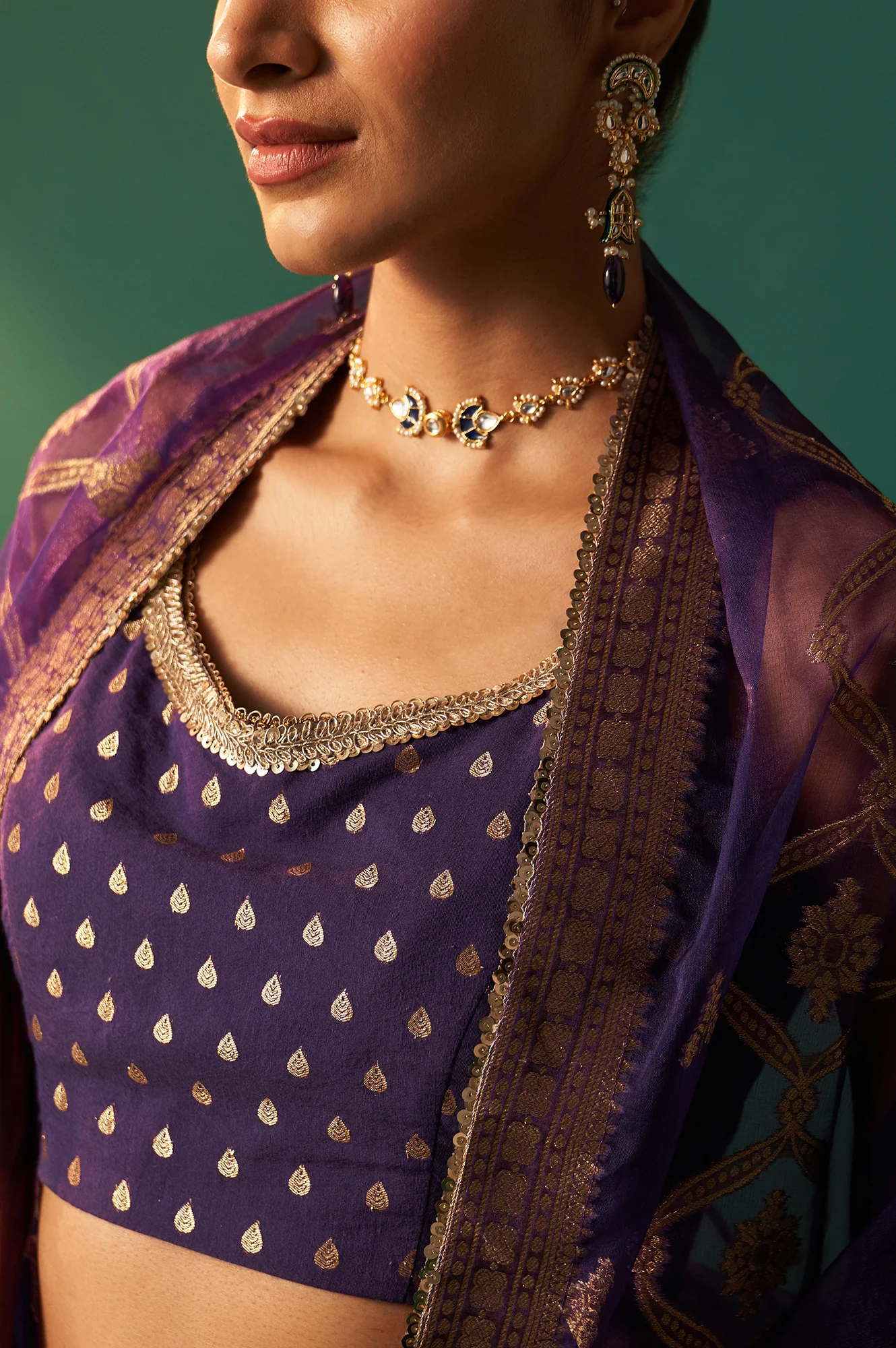 Purple Zari Embroidered Jacquard Blouse with Flared Skirt and Dupatta Set - Image 3