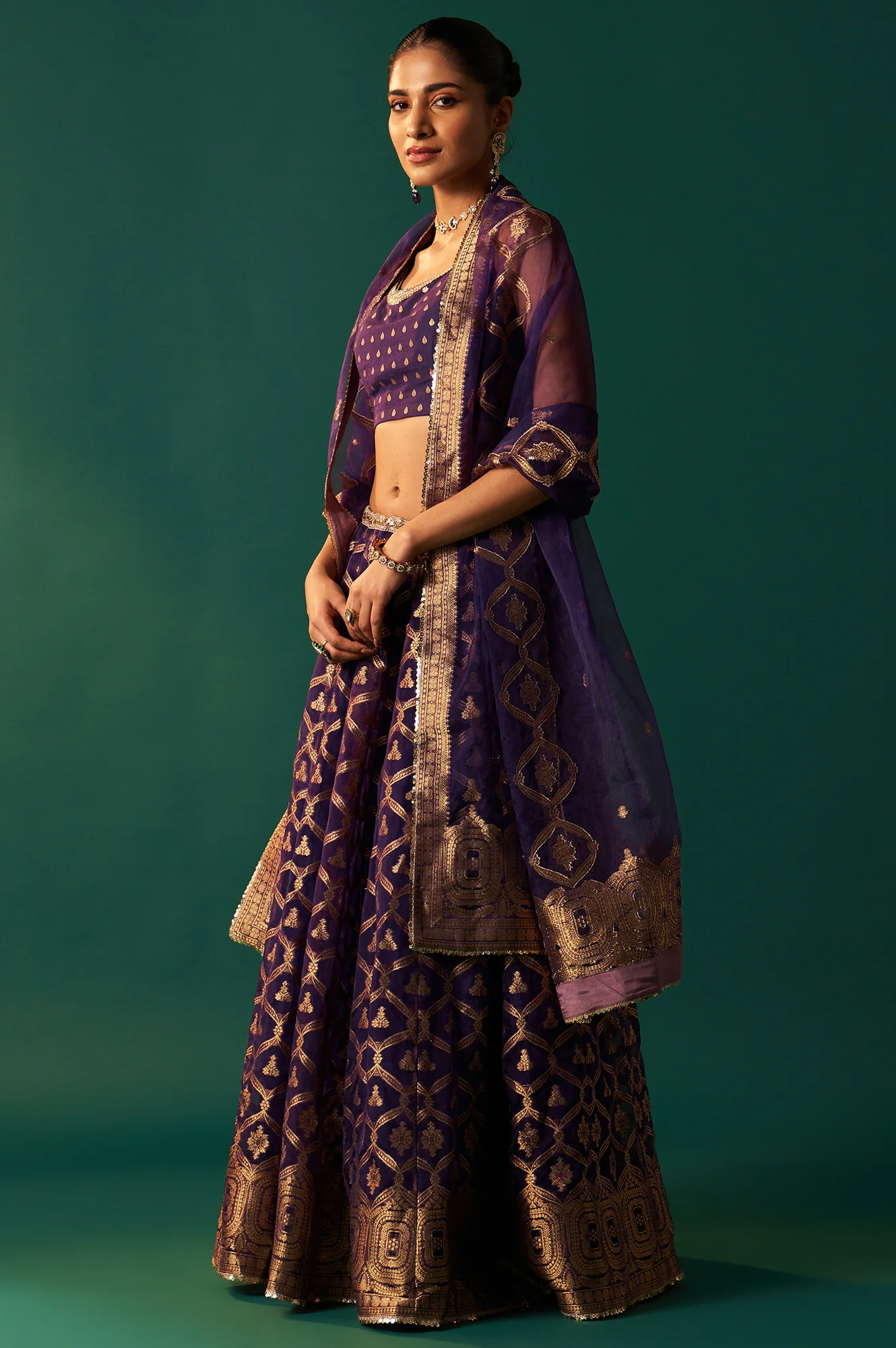 Purple Zari Embroidered Jacquard Blouse with Flared Skirt and Dupatta Set - Image 4