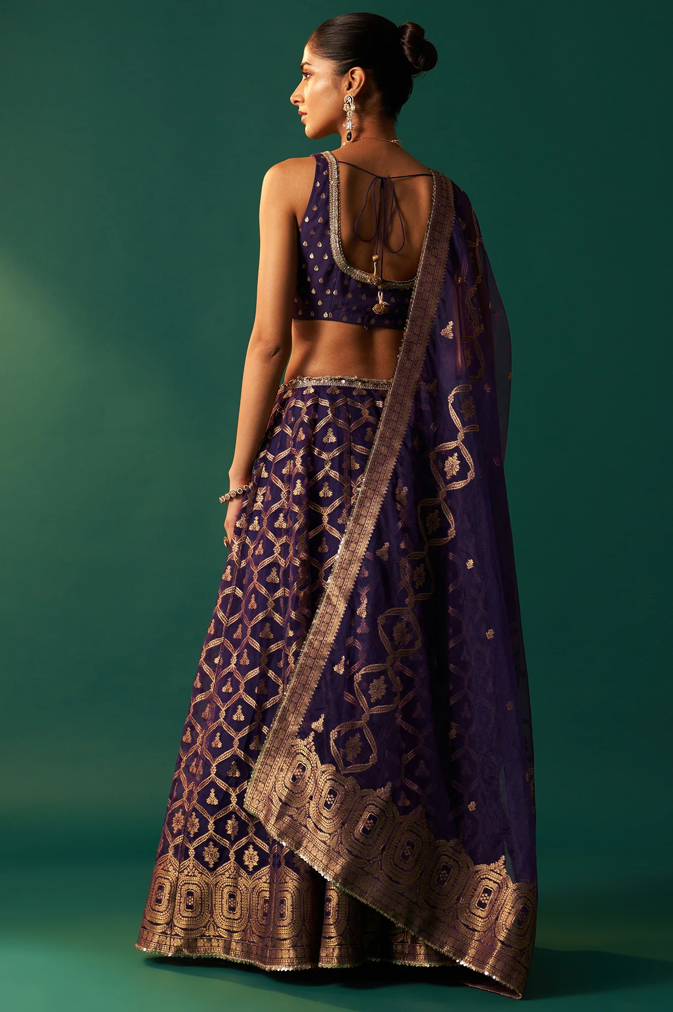 Purple Zari Embroidered Jacquard Blouse with Flared Skirt and Dupatta Set - Image 5