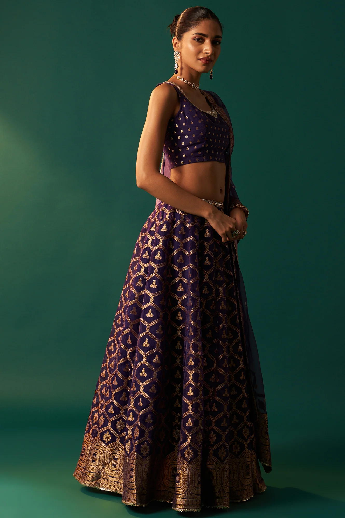 Purple Zari Embroidered Jacquard Blouse with Flared Skirt and Dupatta Set - Image 6