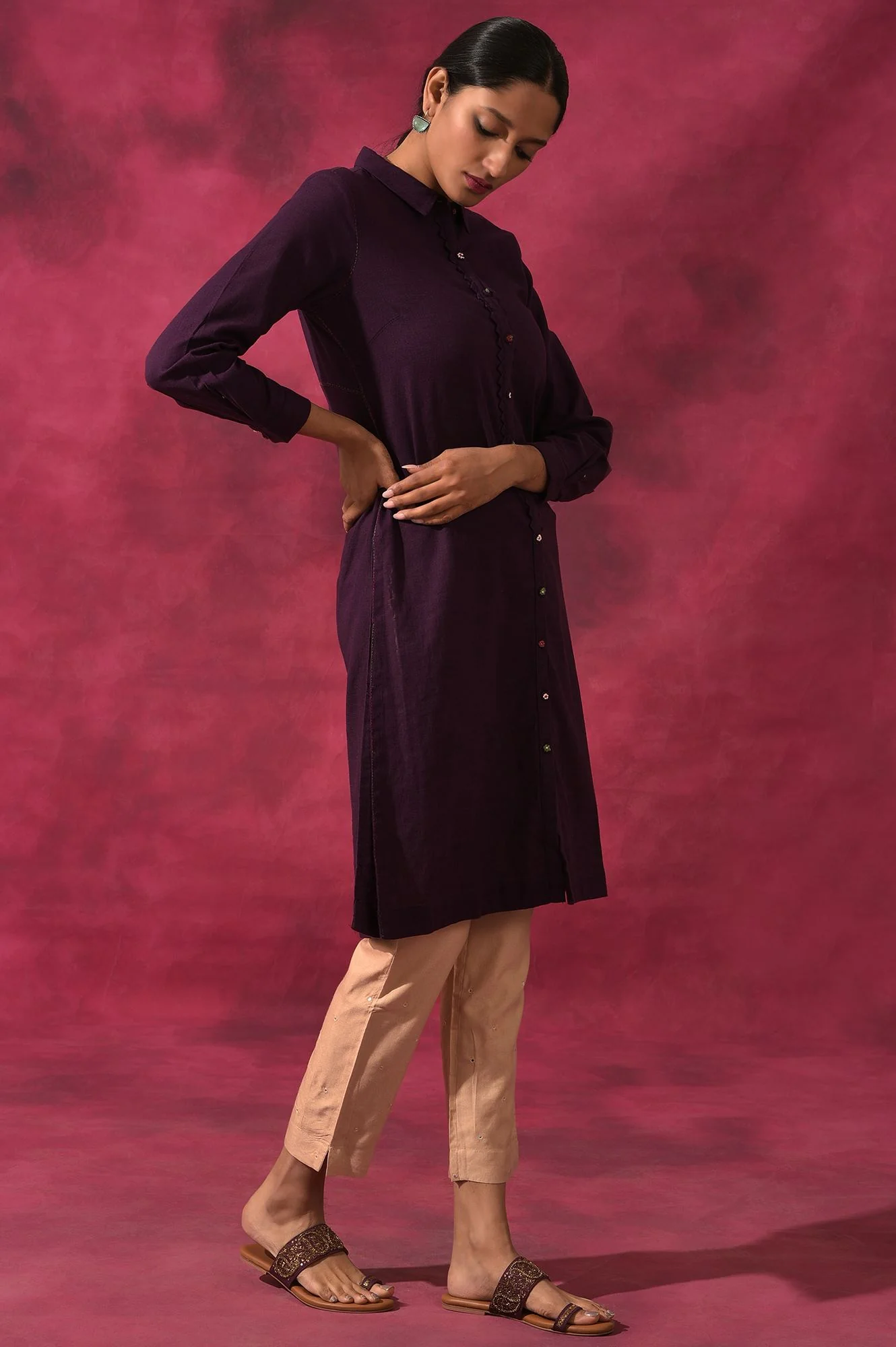 Purple Shirtdress In Cotton Slub - Image 4