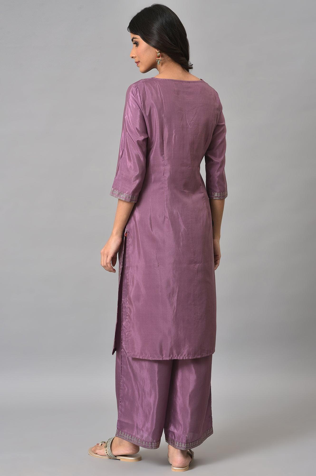 Purple Silver Mukaish Festive kurta With Parallel Pants - Image 2