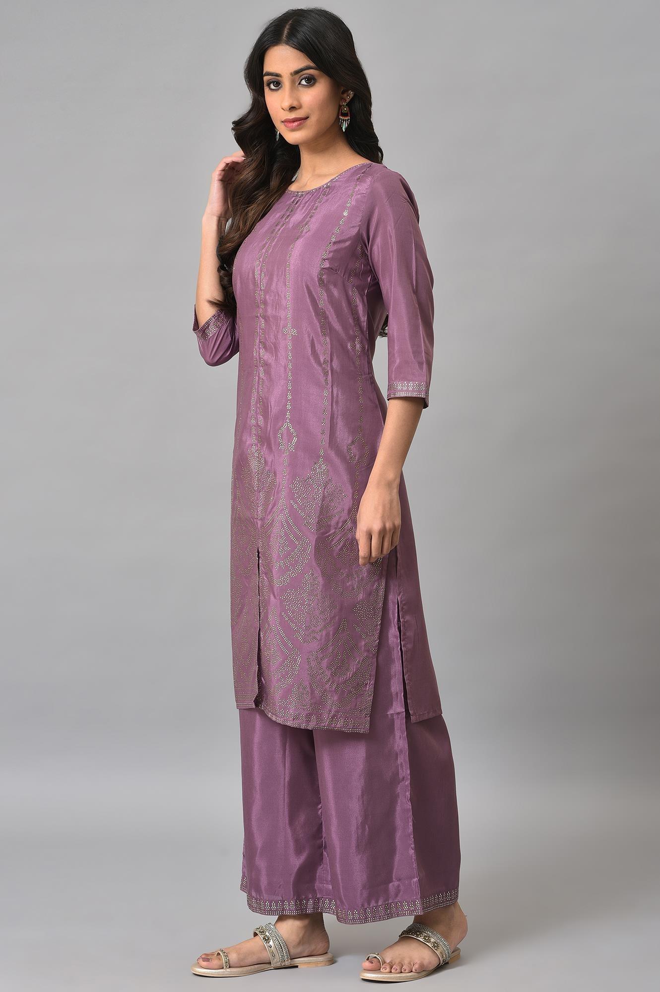 Purple Silver Mukaish Festive kurta With Parallel Pants - Image 3