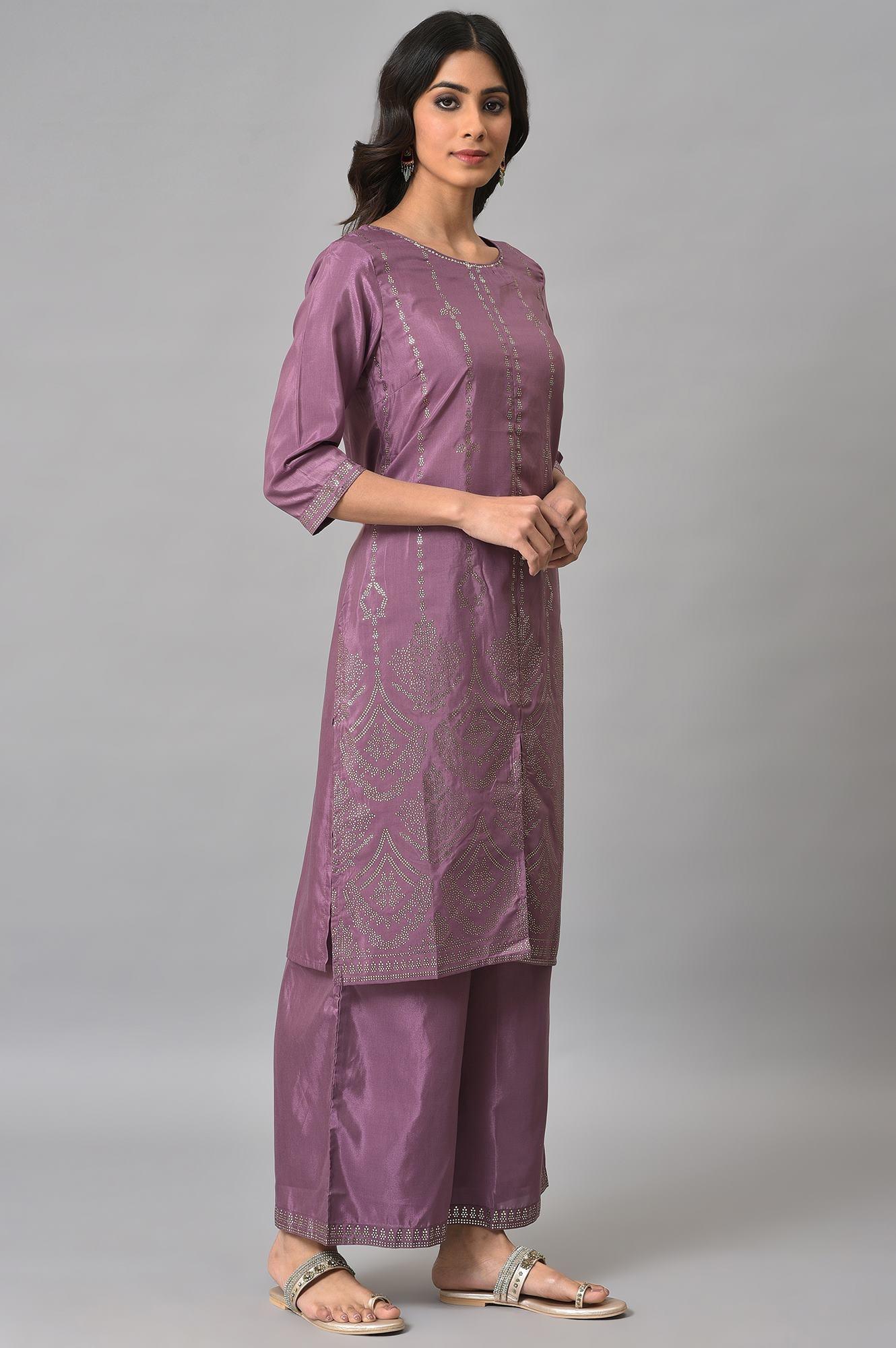 Purple Silver Mukaish Festive kurta With Parallel Pants - Image 4