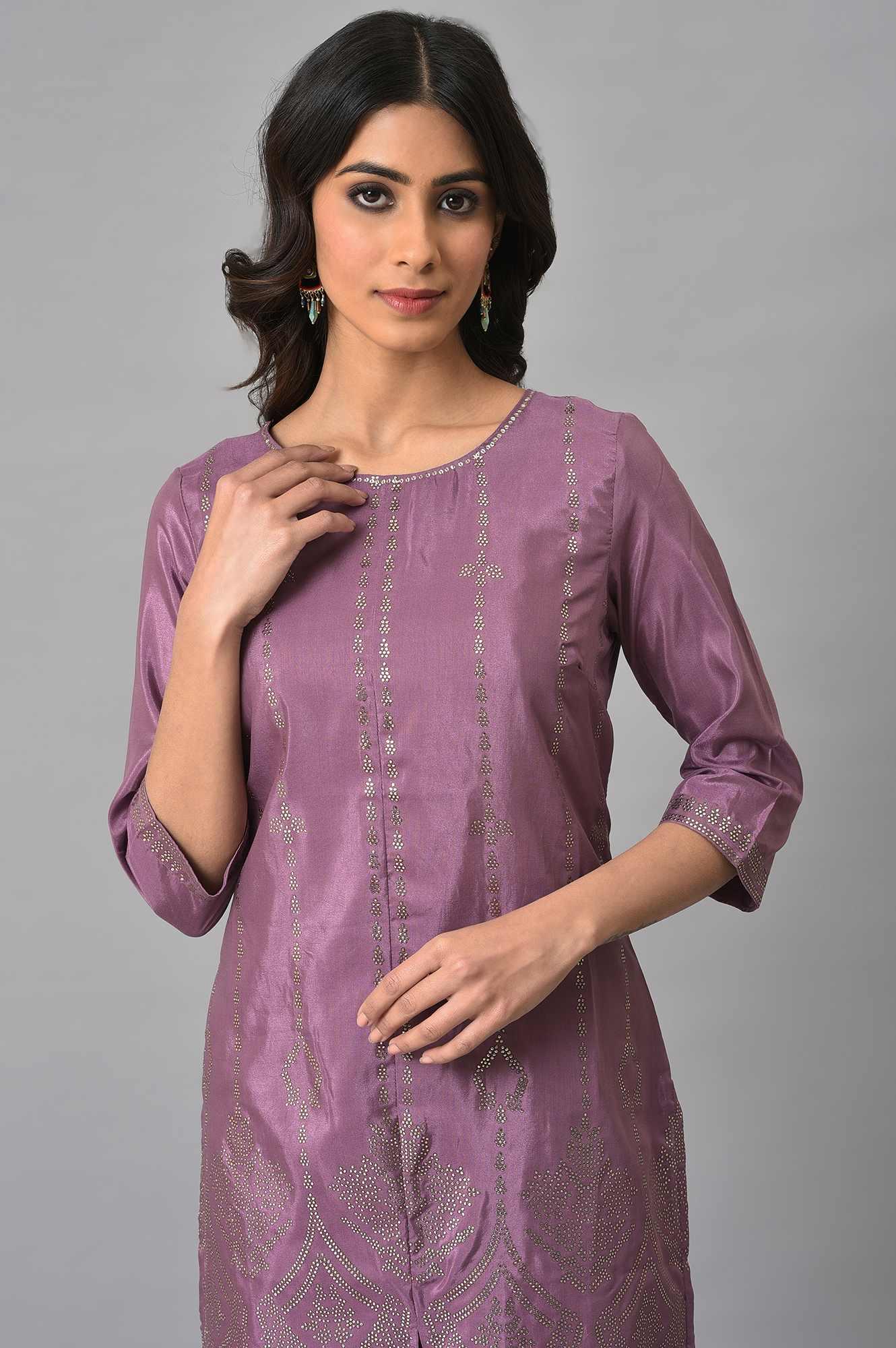Purple Silver Mukaish Festive kurta With Parallel Pants - Image 5