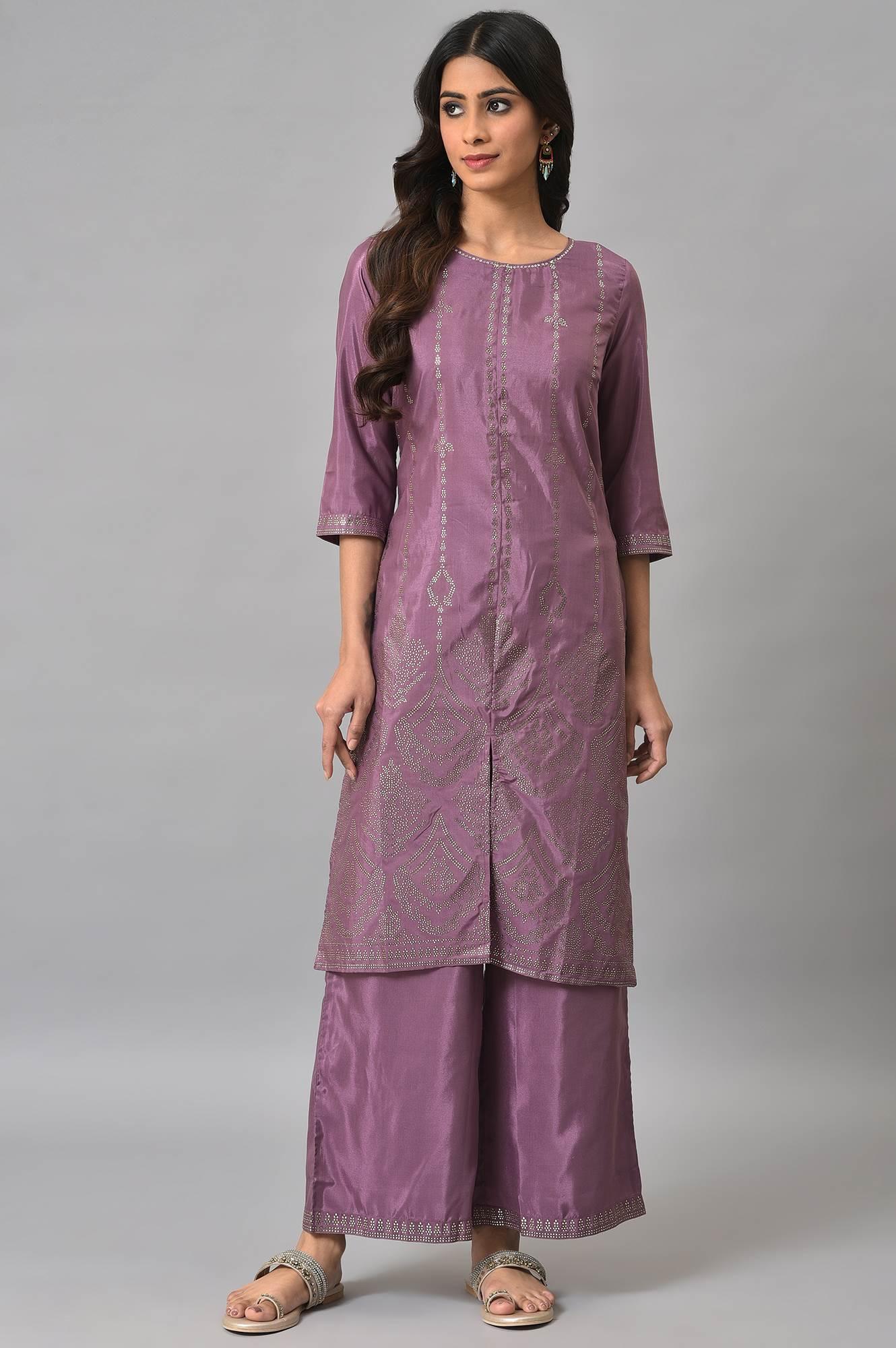 Purple Silver Mukaish Festive kurta With Parallel Pants - Image 9