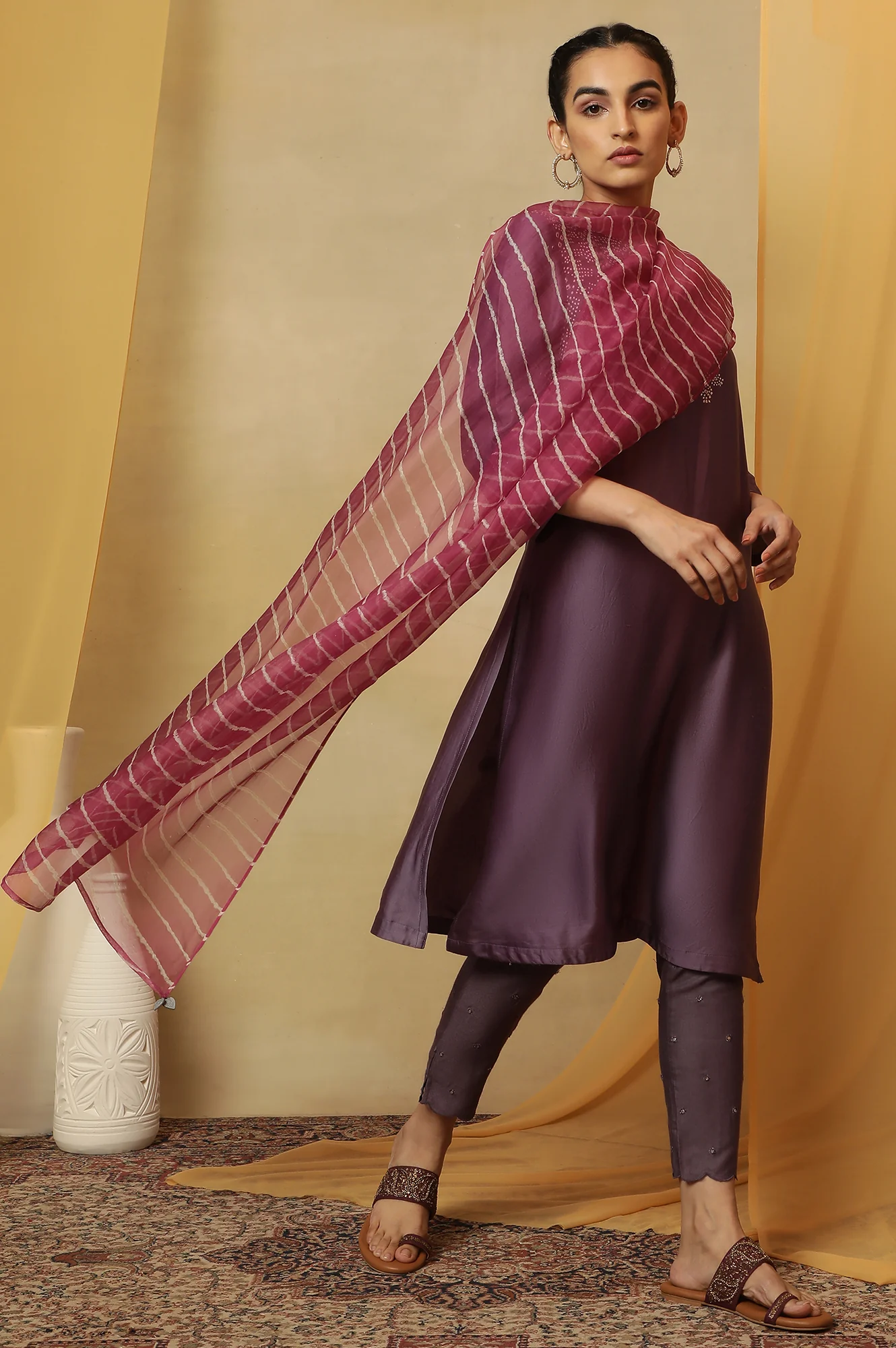 Purple Slim Pants In Silk Viscose Tussar - Image 5