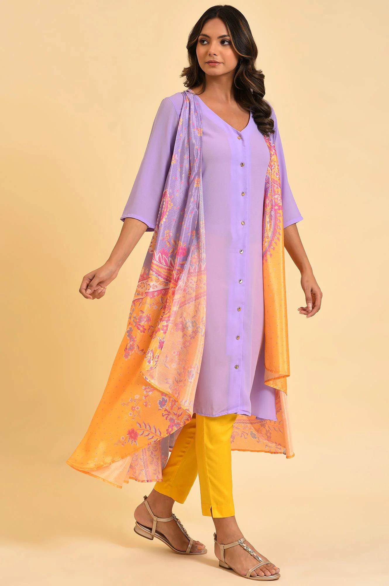 Purple Solid kurta With Stitched Drape - Image 3