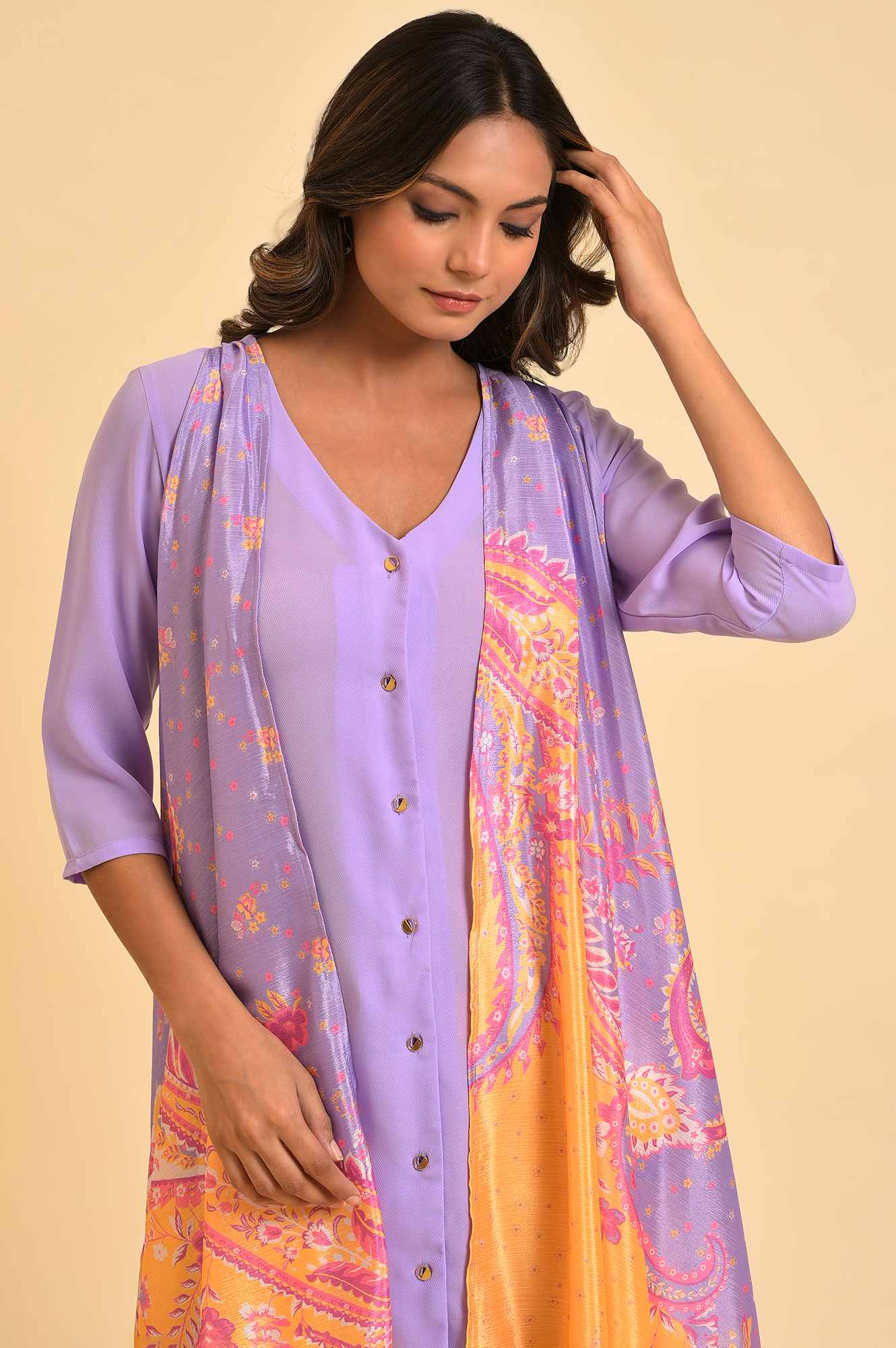 Purple Solid kurta With Stitched Drape - Image 4