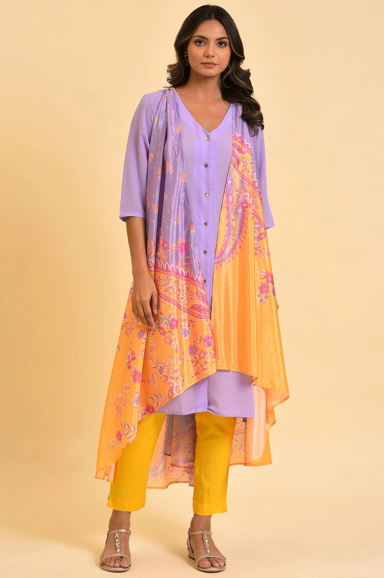 Purple Solid kurta With Stitched Drape - Image 5