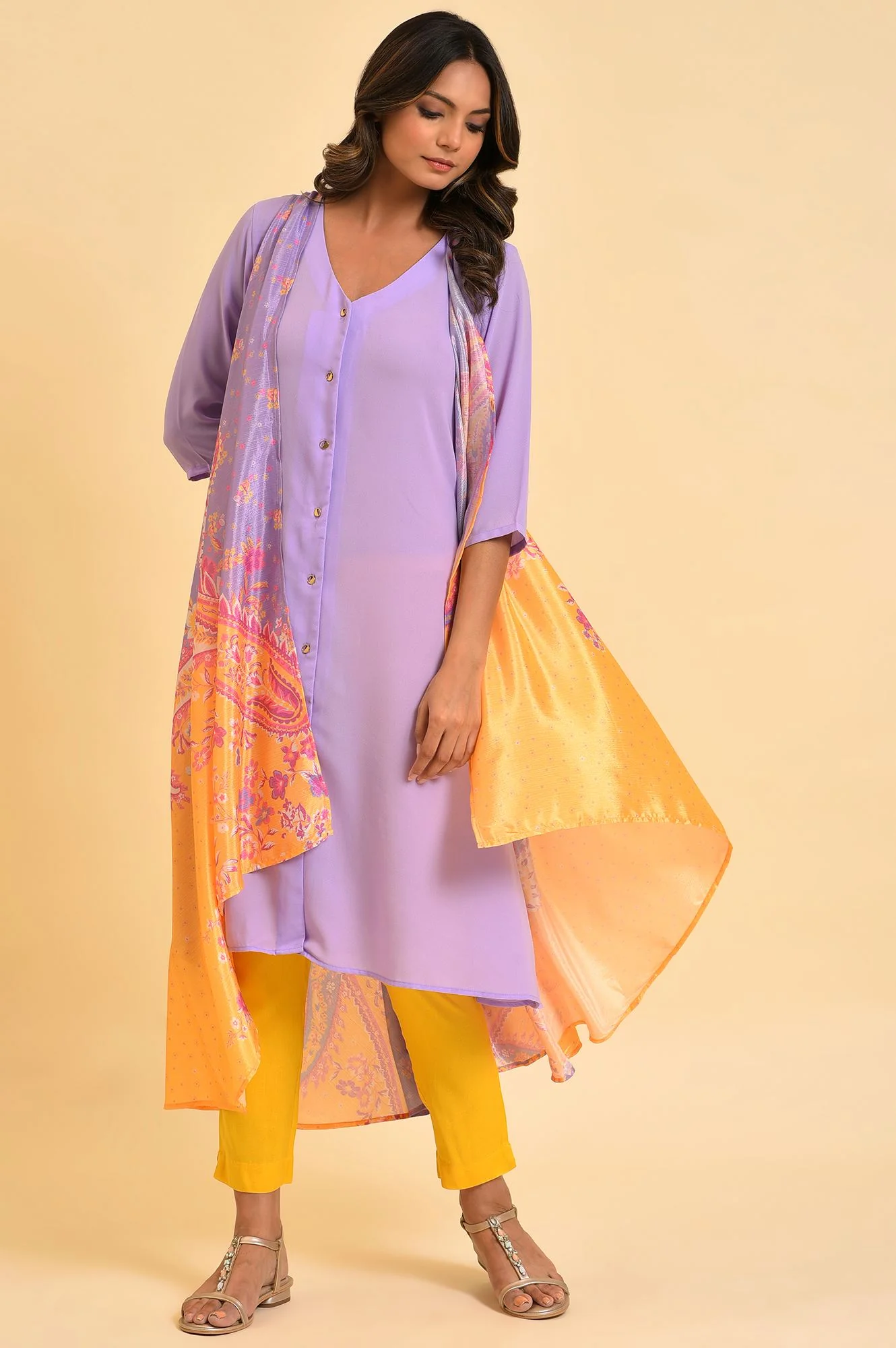 Purple Solid kurta With Stitched Drape - Image 6