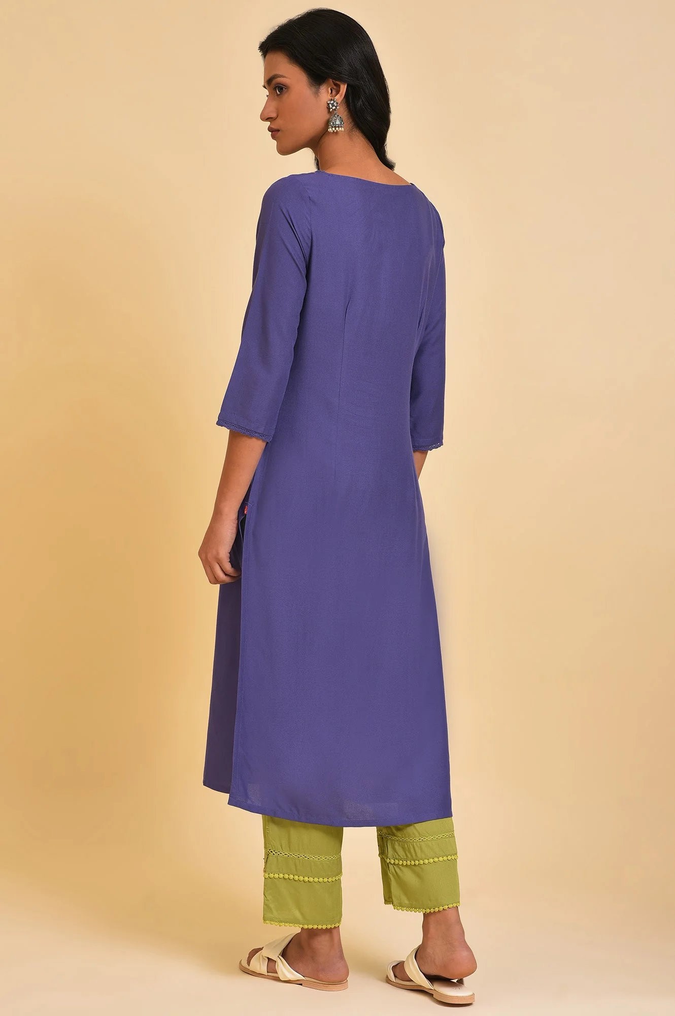 Purple Straight Kurta with Embroidered Yoke - Image 2