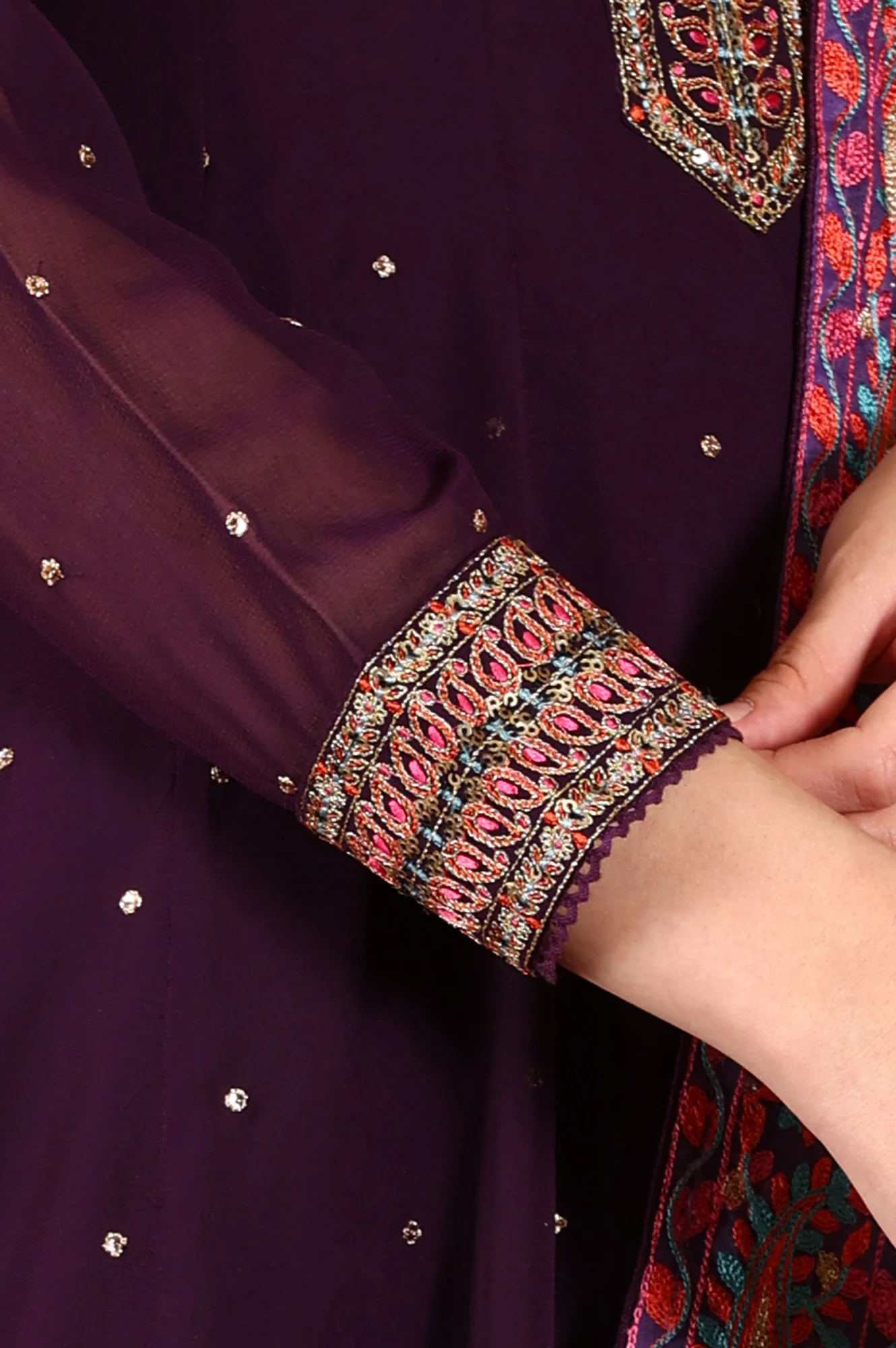 Purple Thread Embroidered Georgette Anarkali Kurta and Churidar Set with Dupatta - Image 7