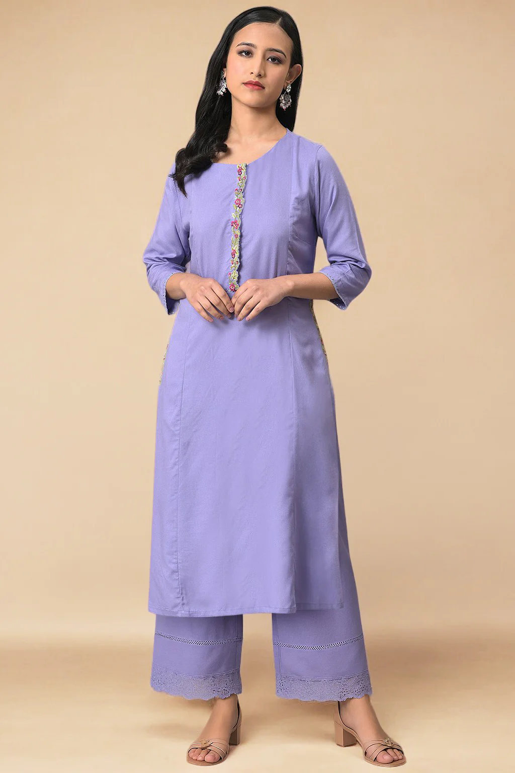 Purple Thread Embroidery A-line Kurta and Parallel Pant Set - Image 2