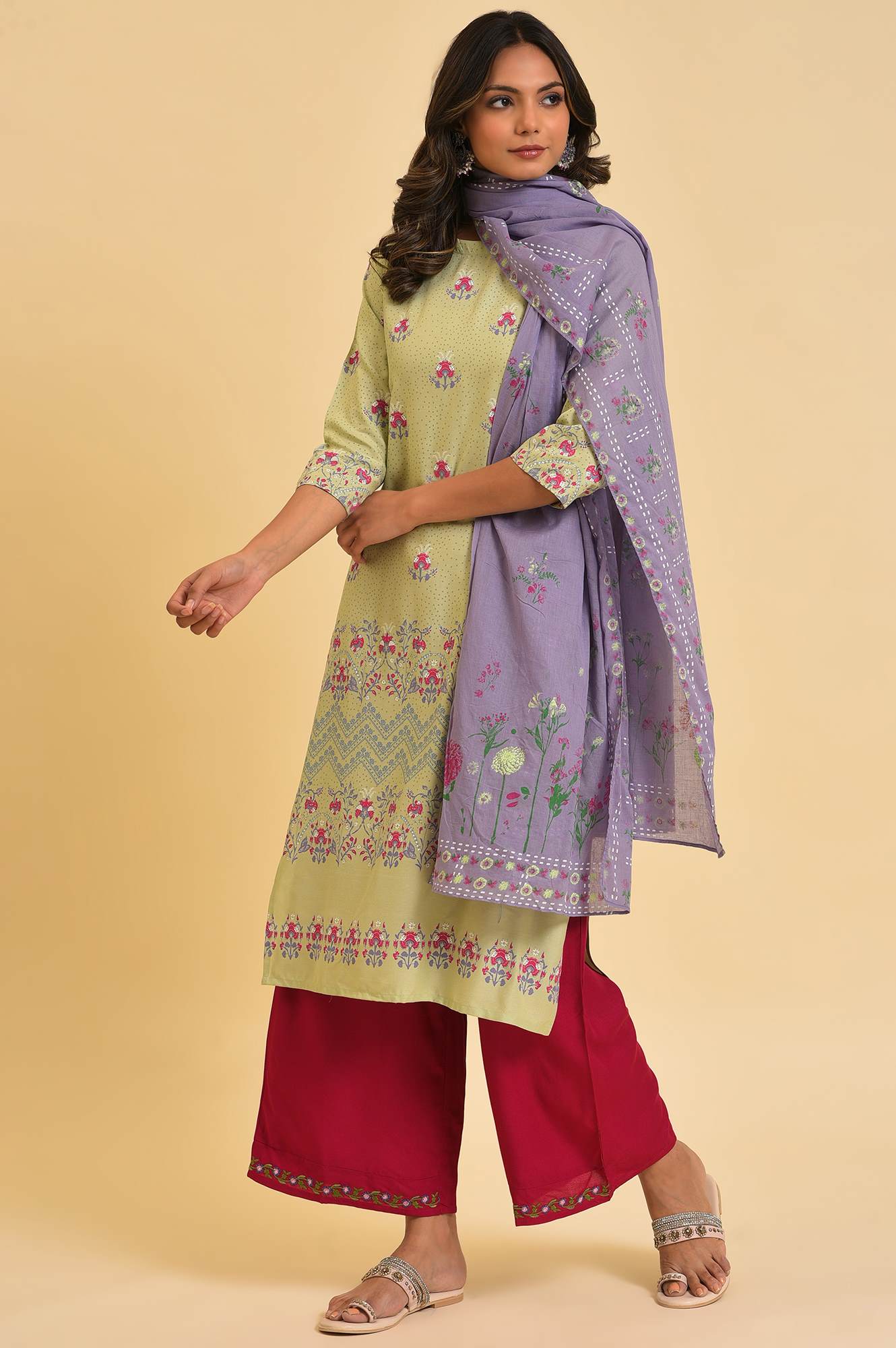 Purple Voile Dupatta With Floral Print - Image 3