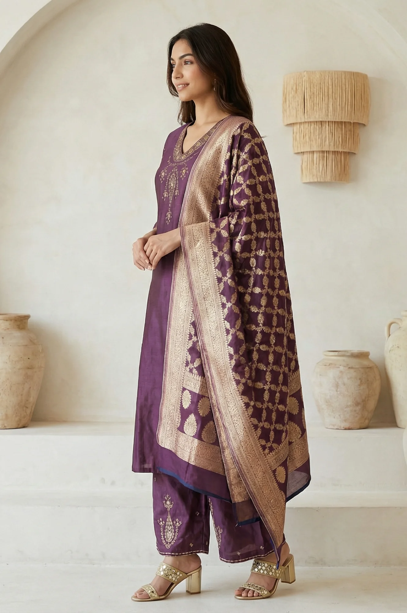 Purple Embroidered Zari Work Silk Blend Straight Kurta with Parallel Pants and Dupatta Set - Image 3