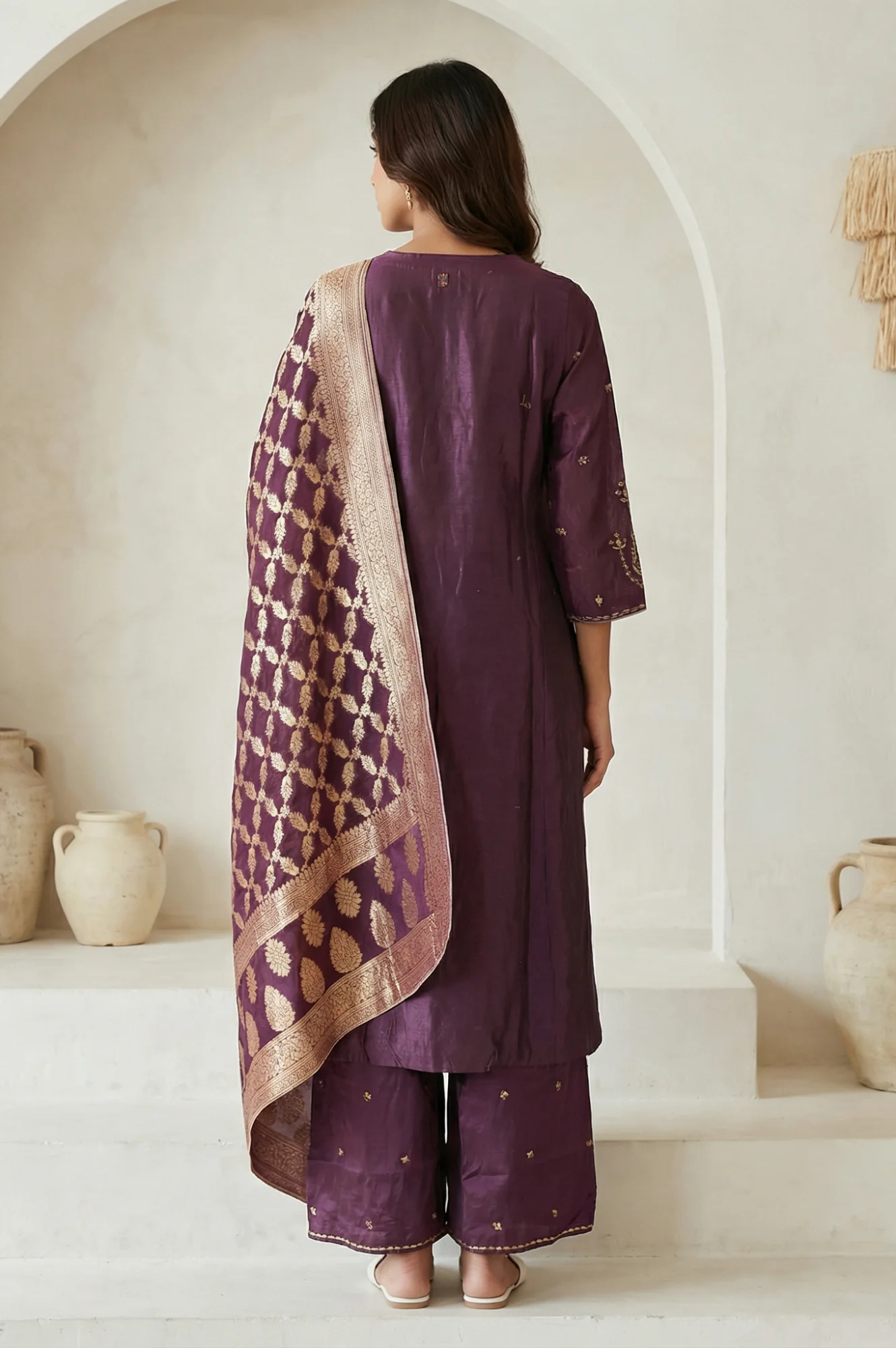 Purple Embroidered Zari Work Silk Blend Straight Kurta with Parallel Pants and Dupatta Set - Image 4