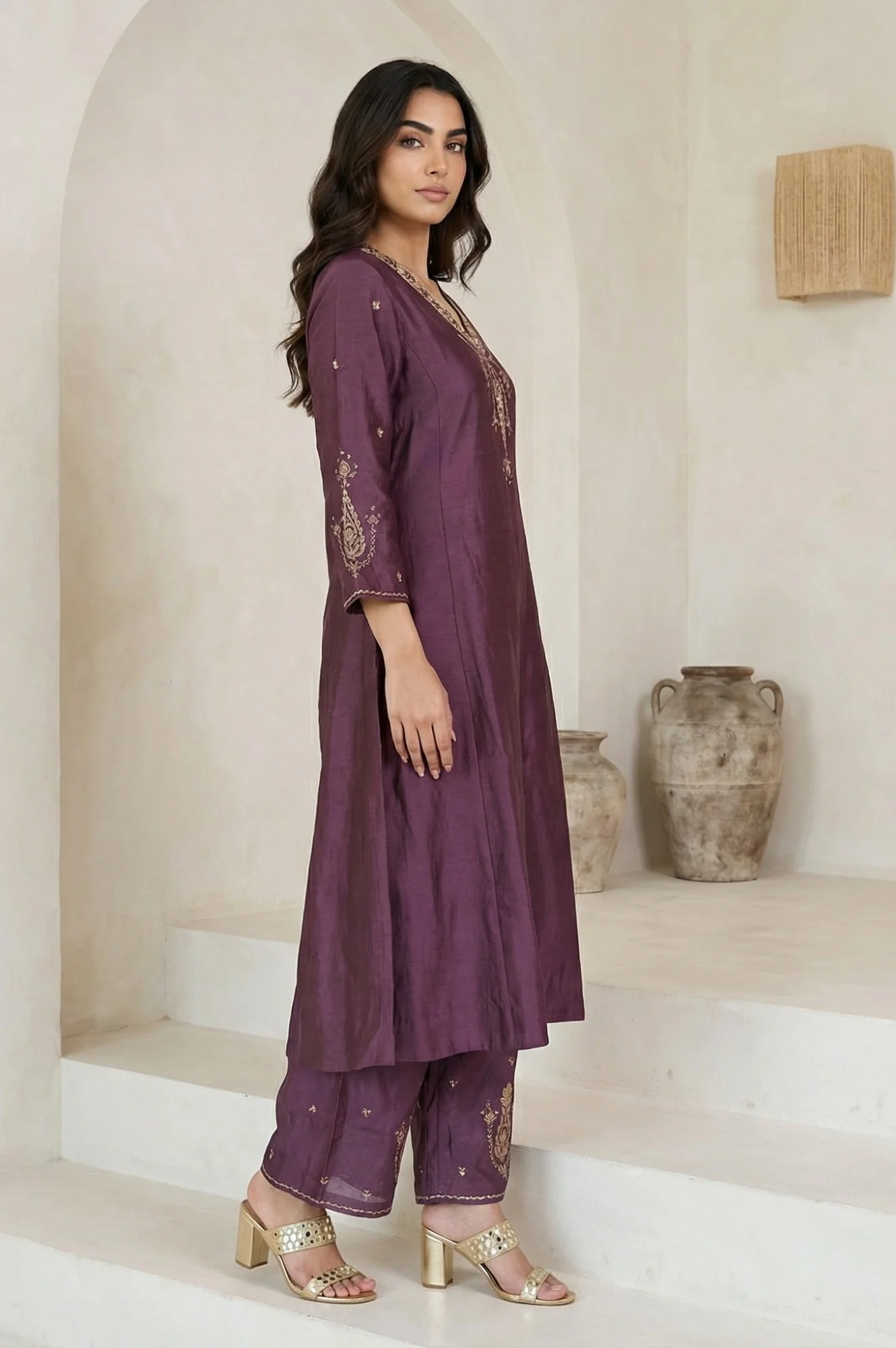 Purple Embroidered Zari Work Silk Blend Straight Kurta with Parallel Pants and Dupatta Set - Image 5
