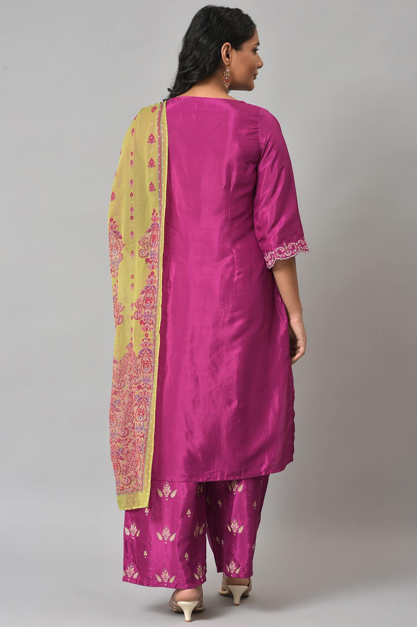 Puruple Shatung Embroidered kurta With Parallel Pants And Light Green Dupatta - Image 2