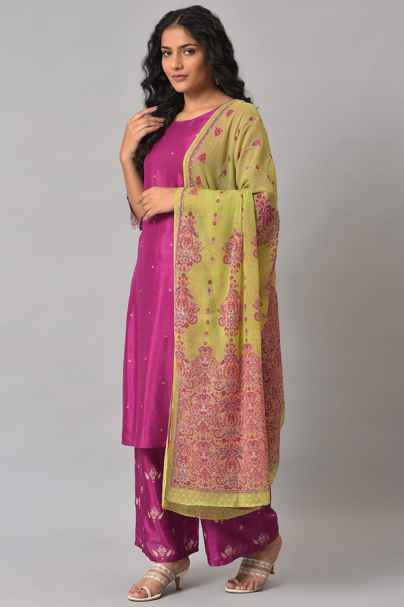 Puruple Shatung Embroidered kurta With Parallel Pants And Light Green Dupatta - Image 3