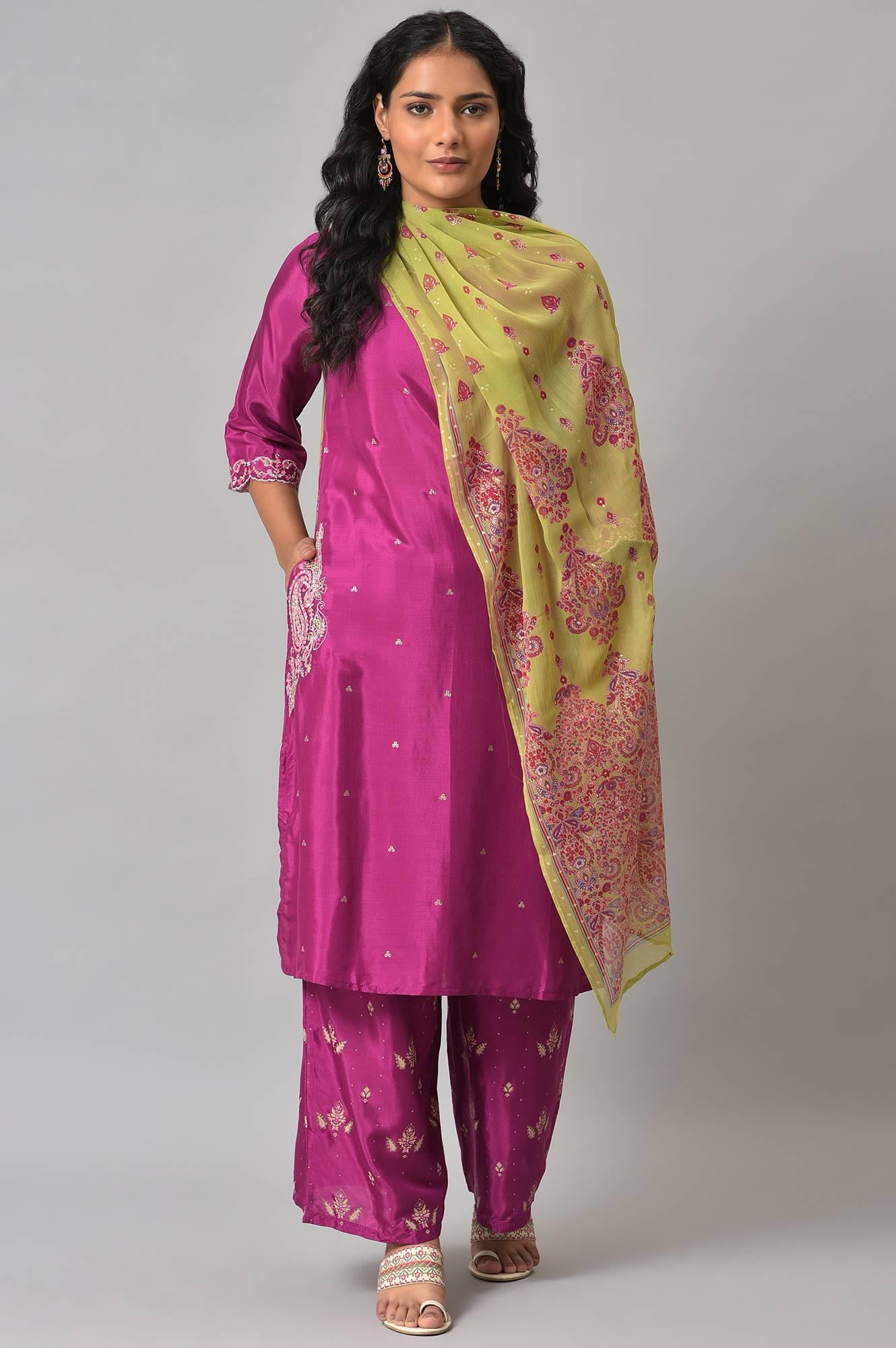 Puruple Shatung Embroidered kurta With Parallel Pants And Light Green Dupatta - Image 9