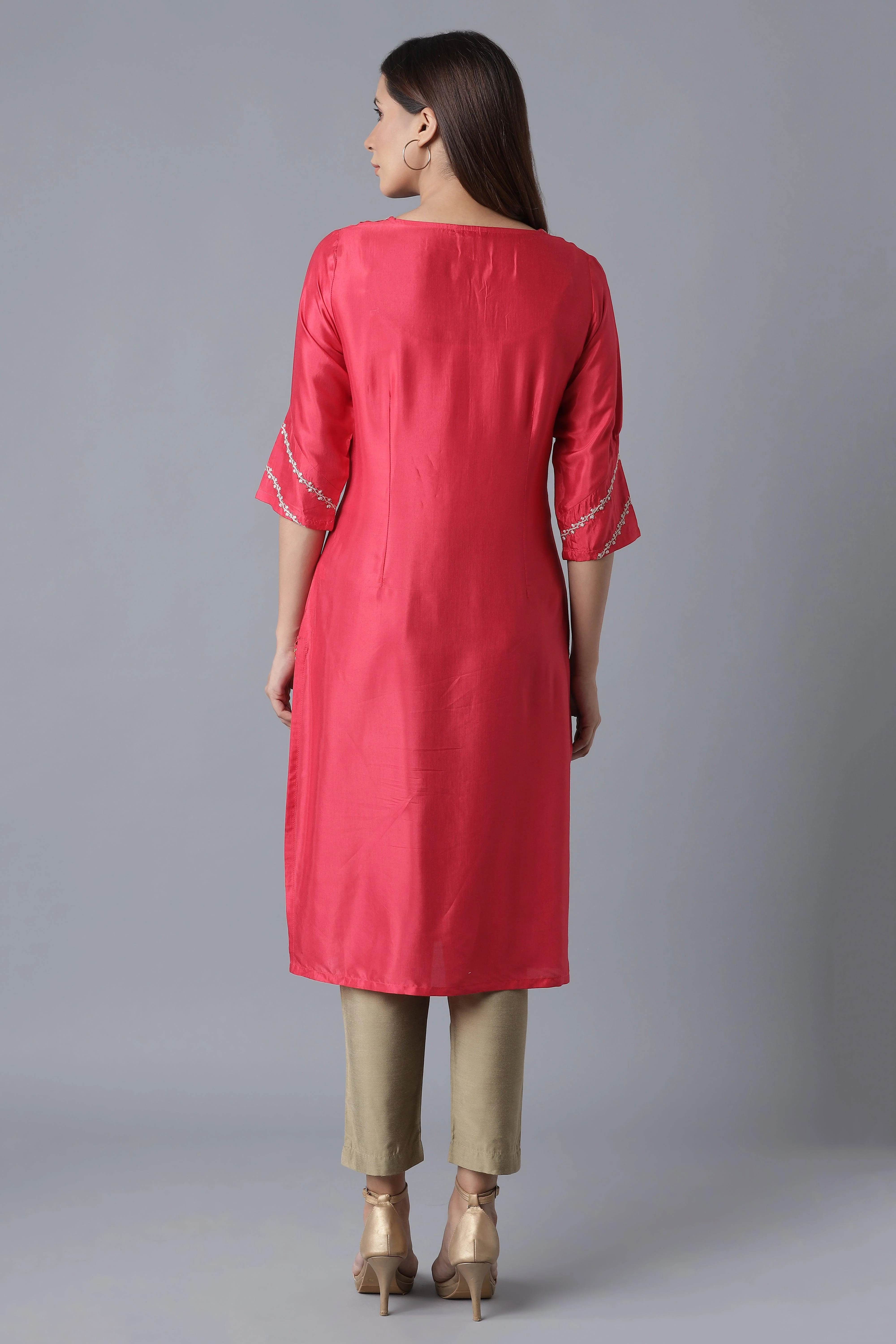 Rasberry Red Solid Festive Straight kurta - Image 2