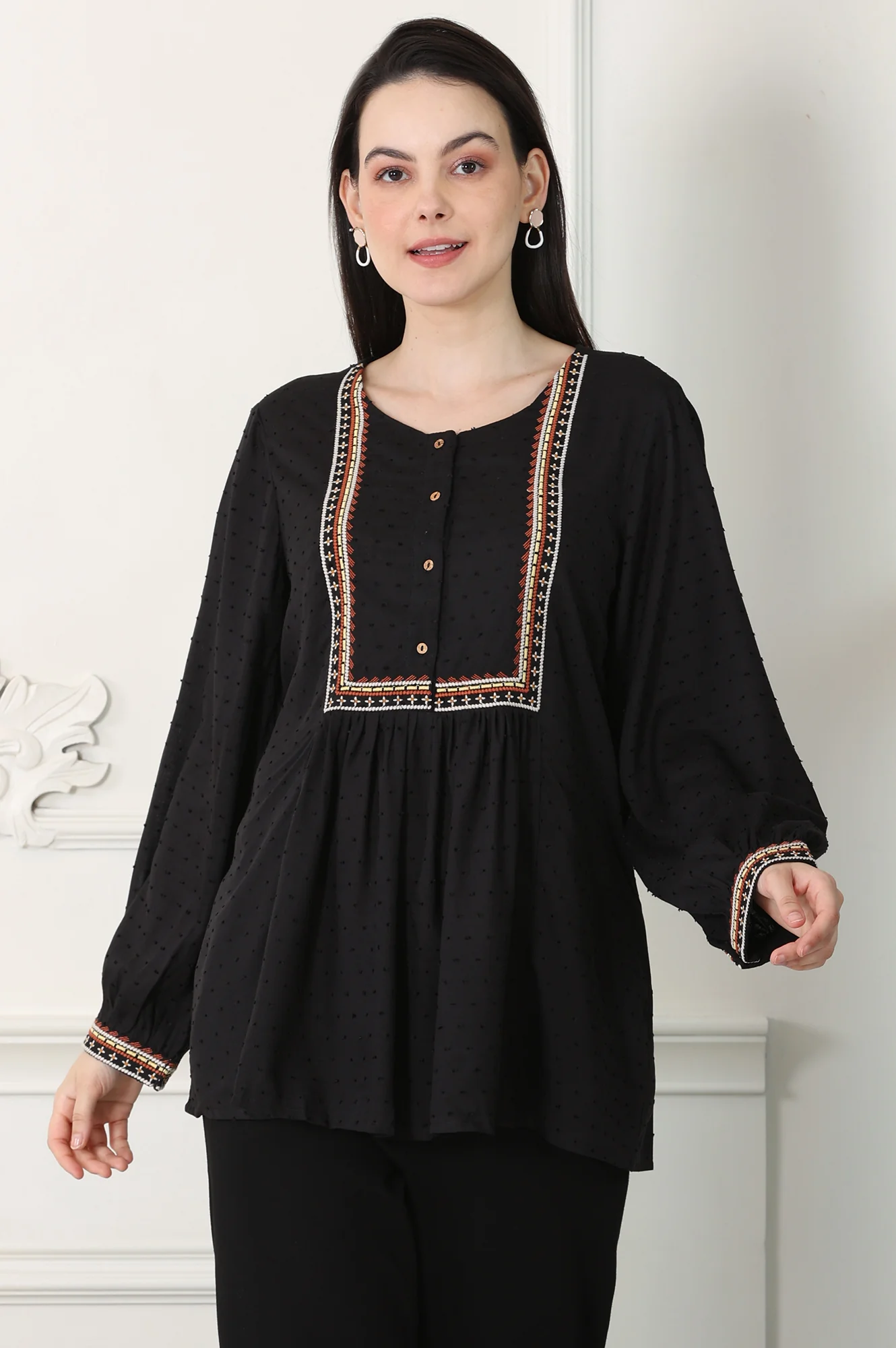 Raven Black Textured Thread Embroidered Yoke Top - Image 2