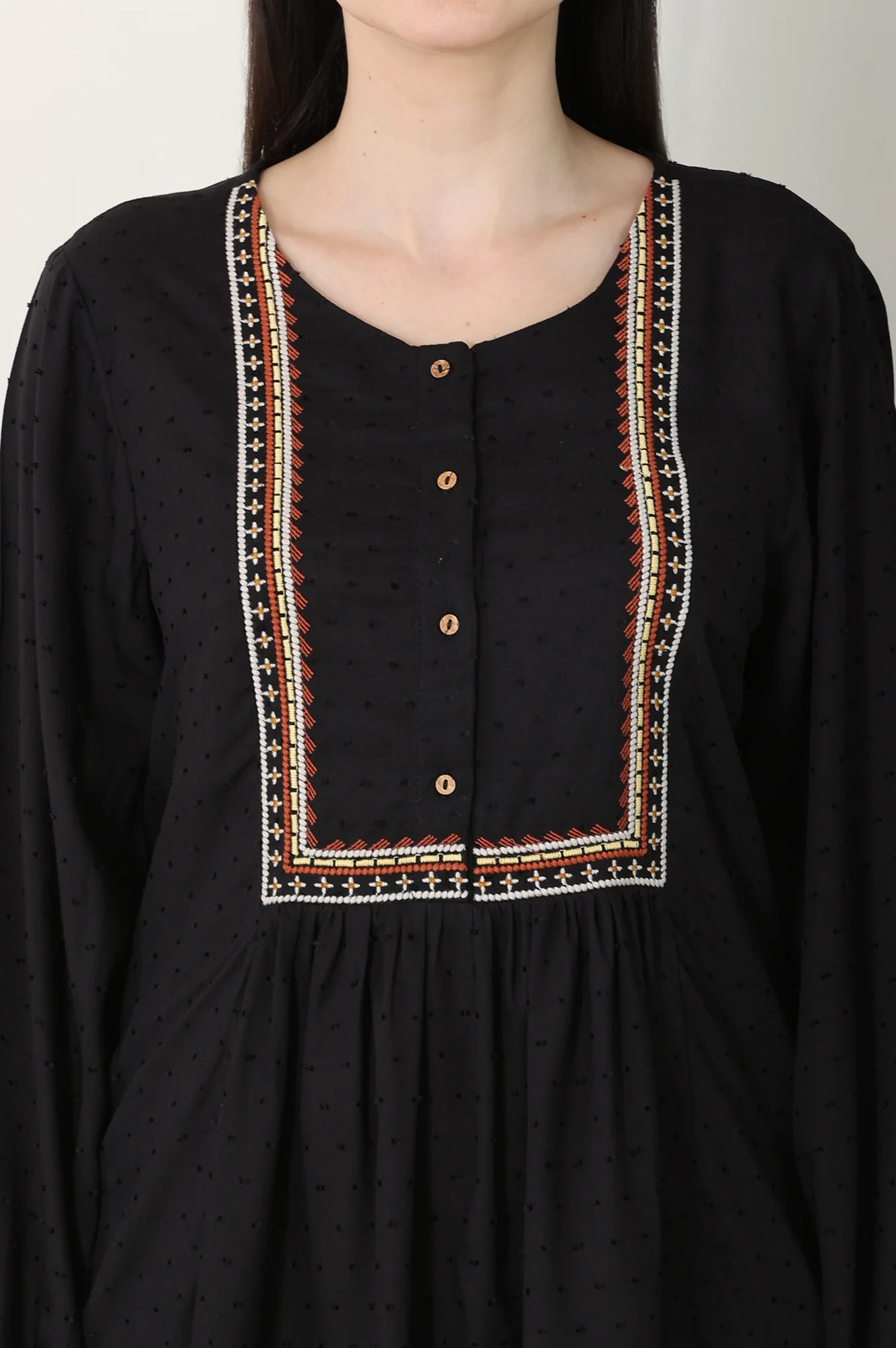 Raven Black Textured Thread Embroidered Yoke Top - Image 3