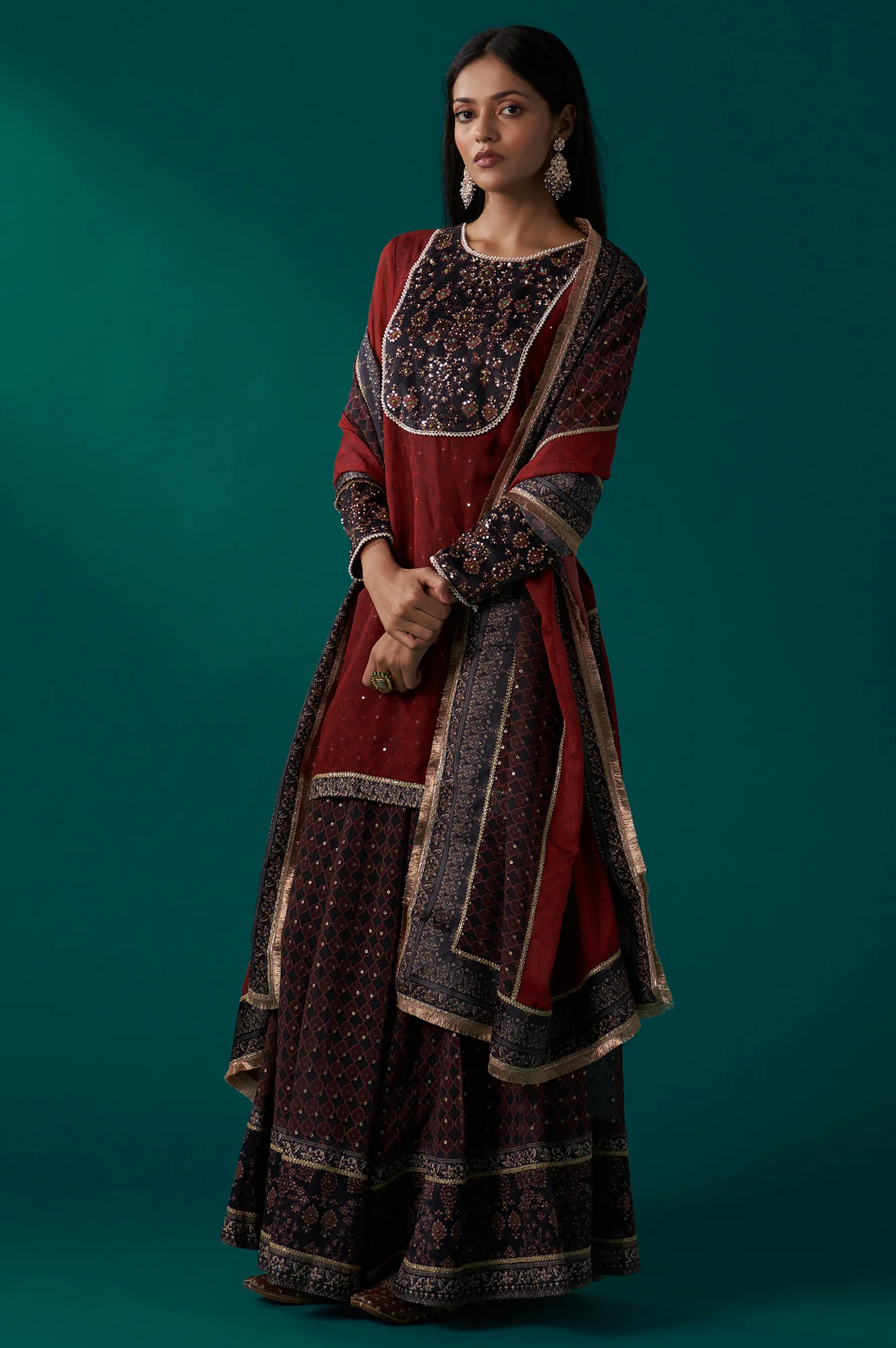 Red Abstract Printed Beaded A-Line Organza Kurta with Culottes and Dupatta Set - Image 4