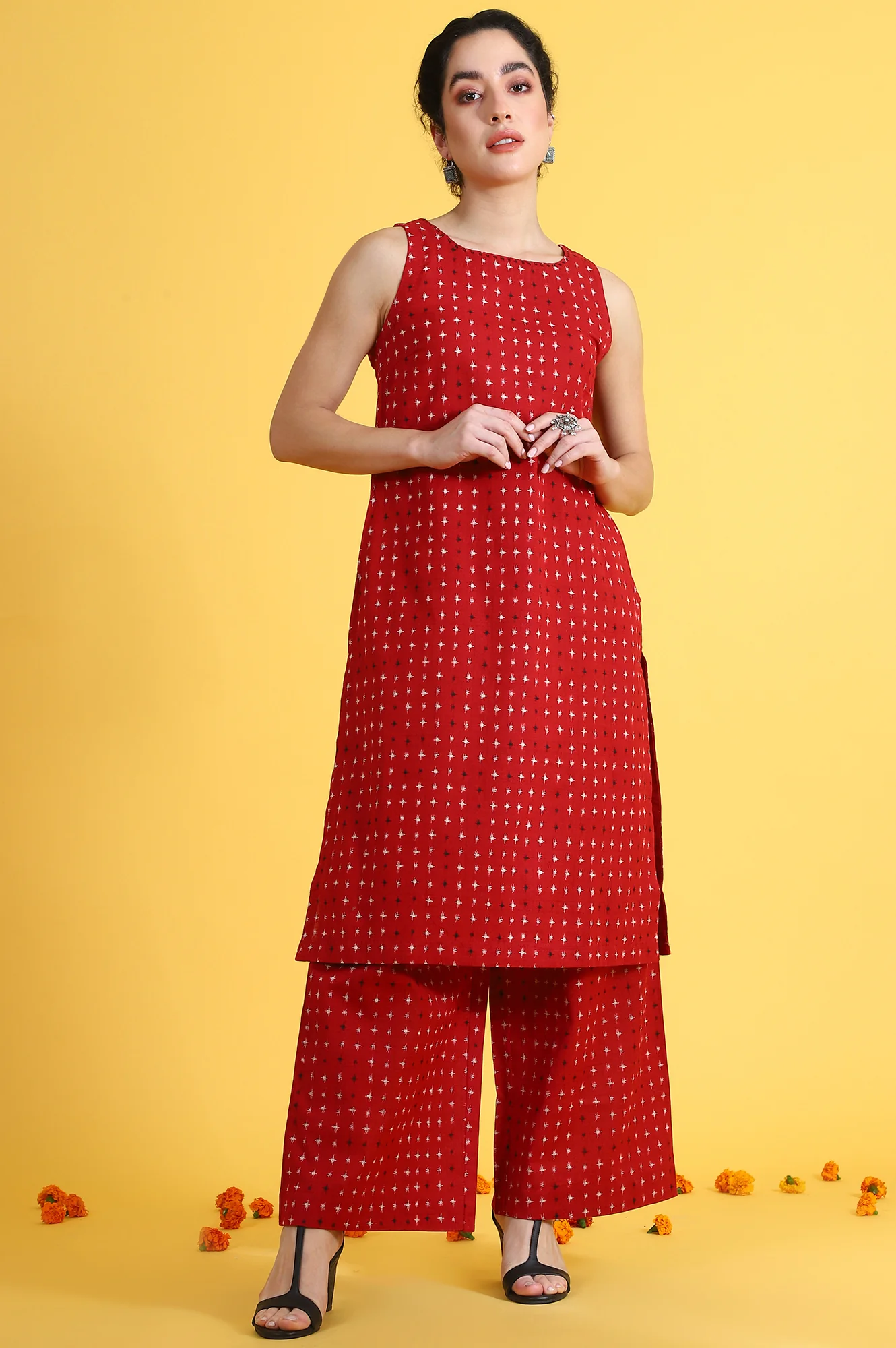 Red Abstract Printed Cotton Flax Sleeveless Straight Kurta and Pants Co-ord Set - Image 2