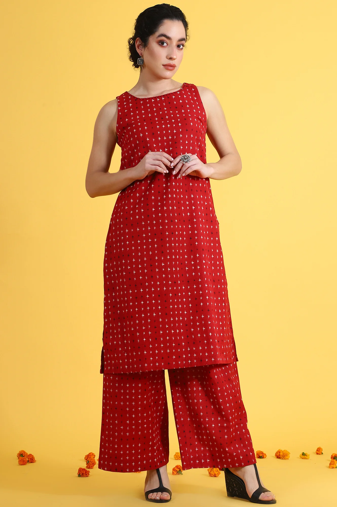 Red Abstract Printed Cotton Flax Sleeveless Straight Kurta and Pants Co-ord Set - Image 3