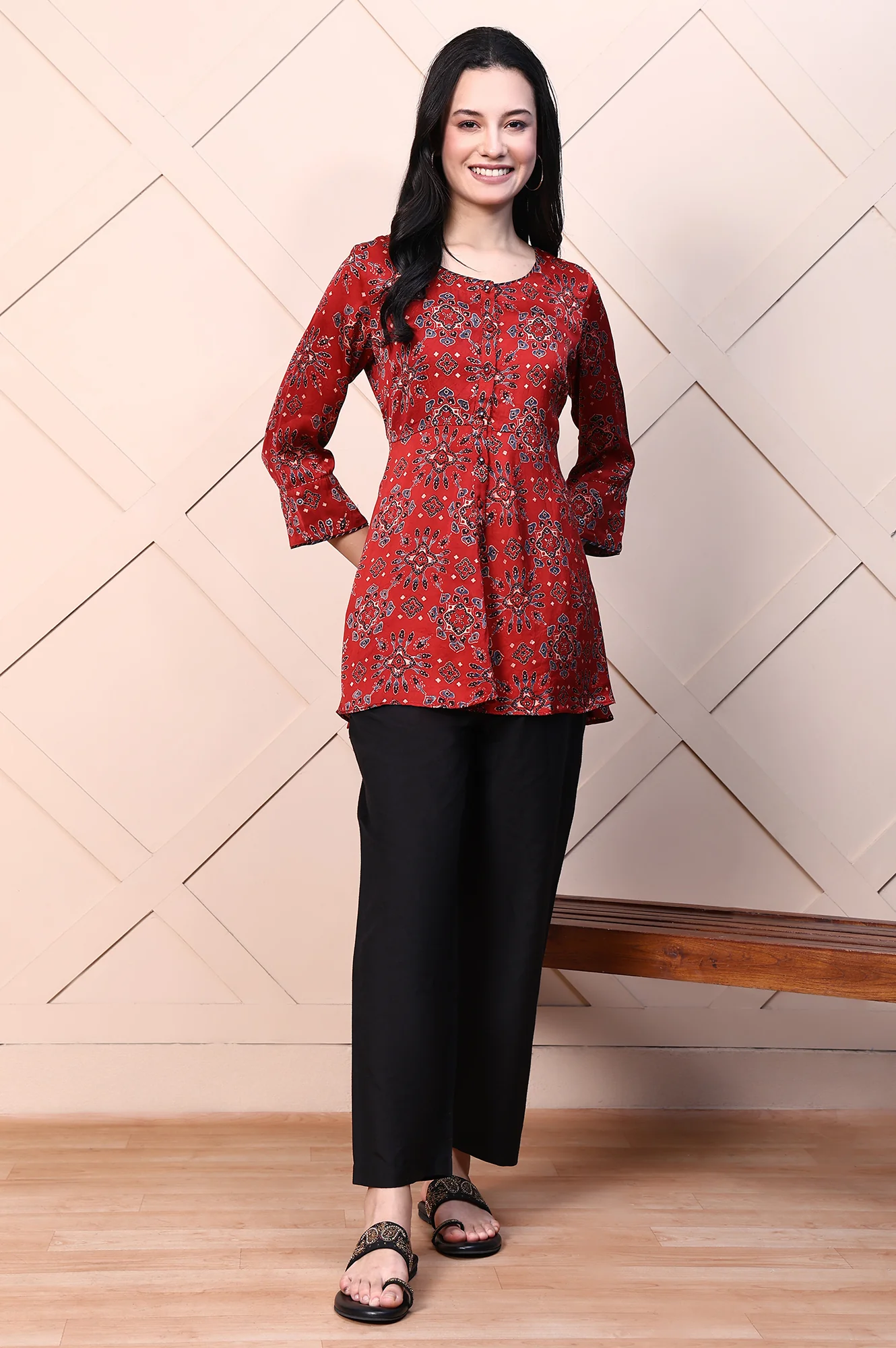 Red Ajrak Printed Mirror Work A-line Fusion Top - Image 2