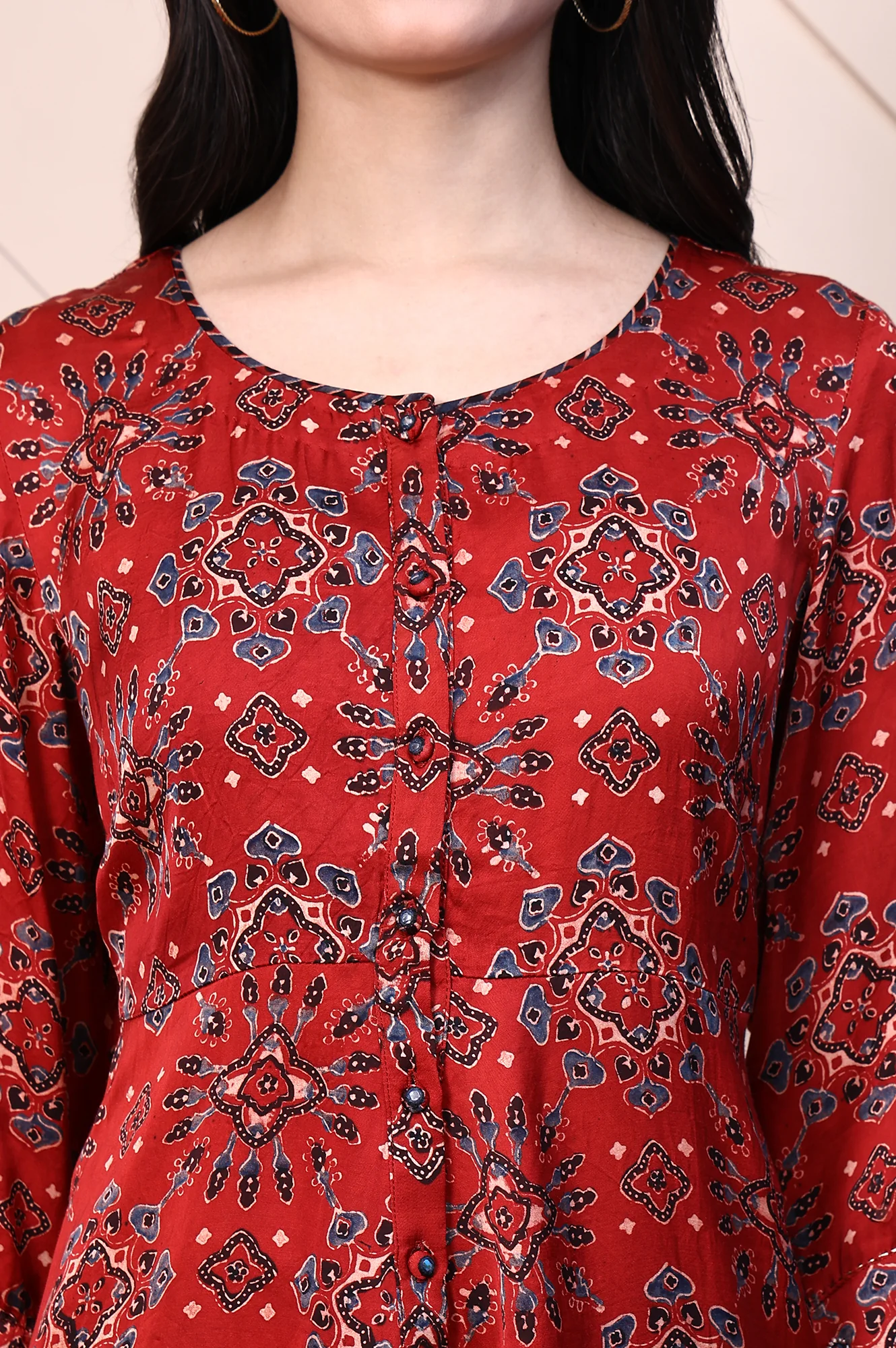 Red Ajrak Printed Mirror Work A-line Fusion Top - Image 3