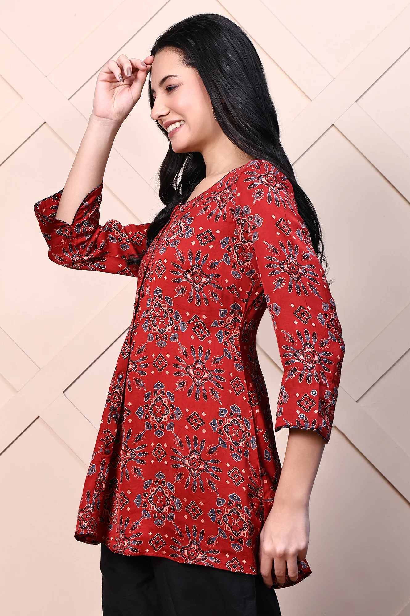 Red Ajrak Printed Mirror Work A-line Fusion Top - Image 4