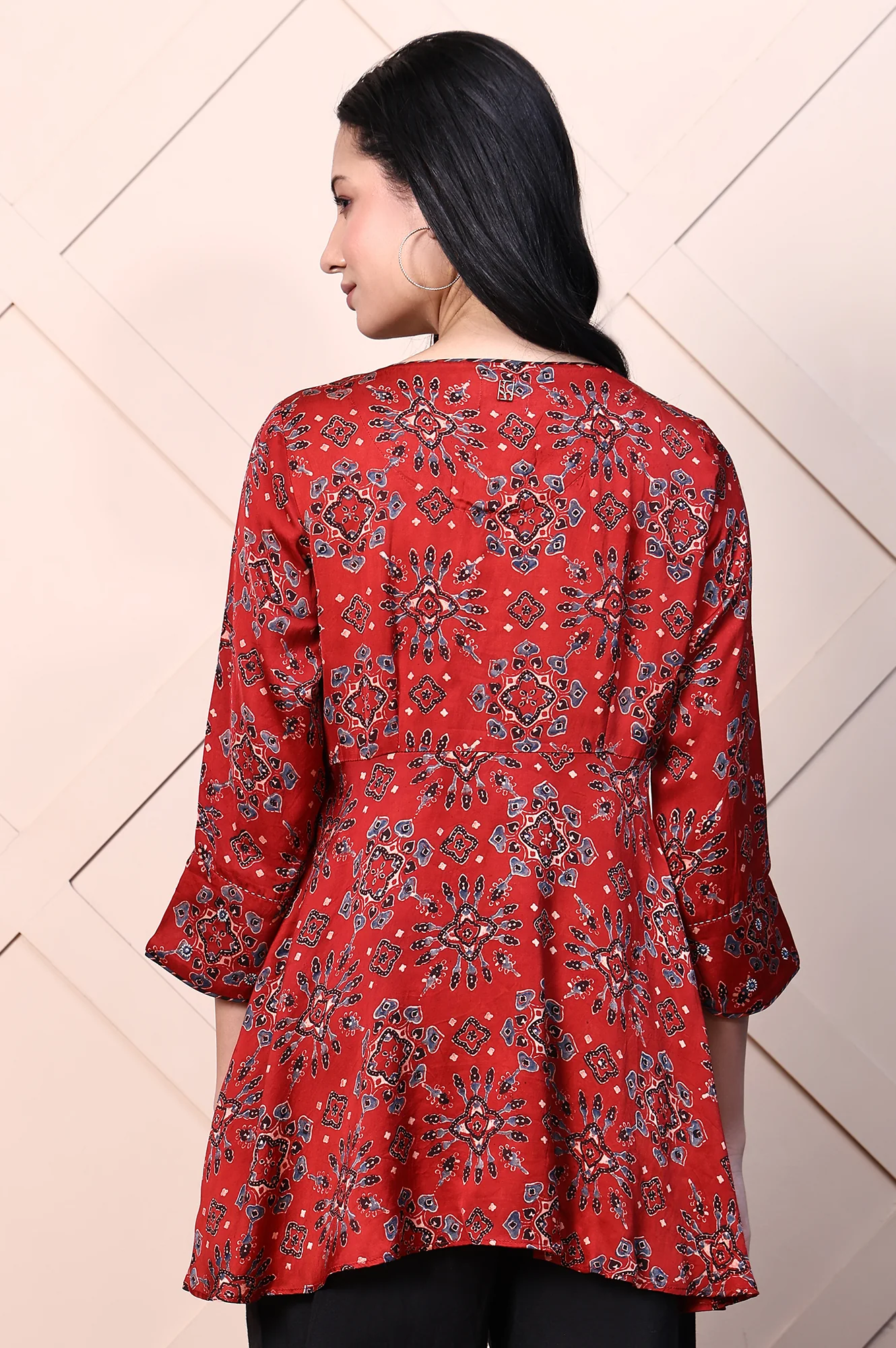 Red Ajrak Printed Mirror Work A-line Fusion Top - Image 5