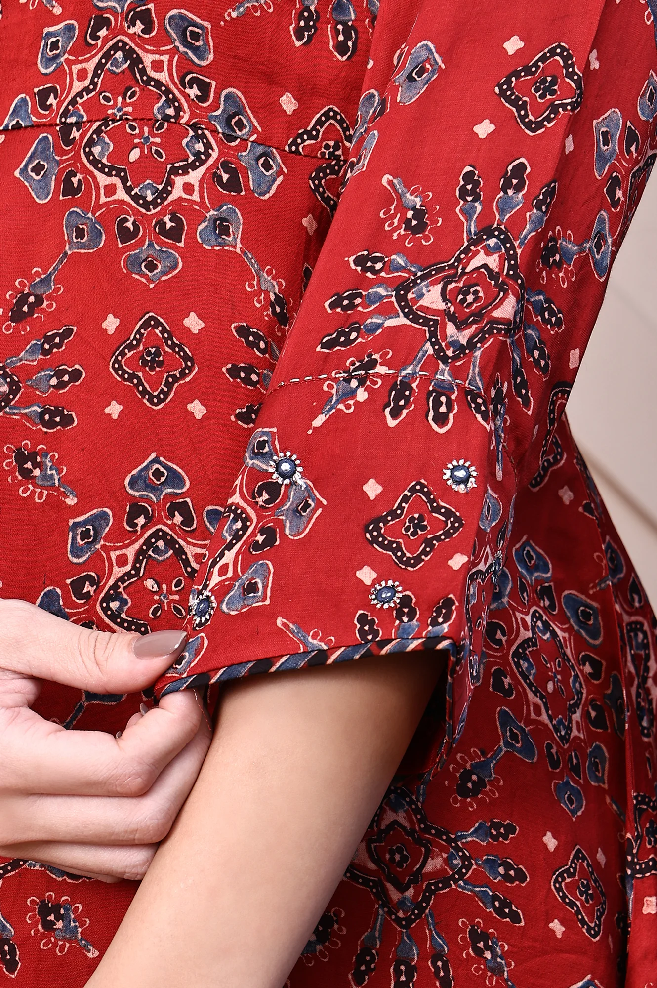 Red Ajrak Printed Mirror Work A-line Fusion Top - Image 7