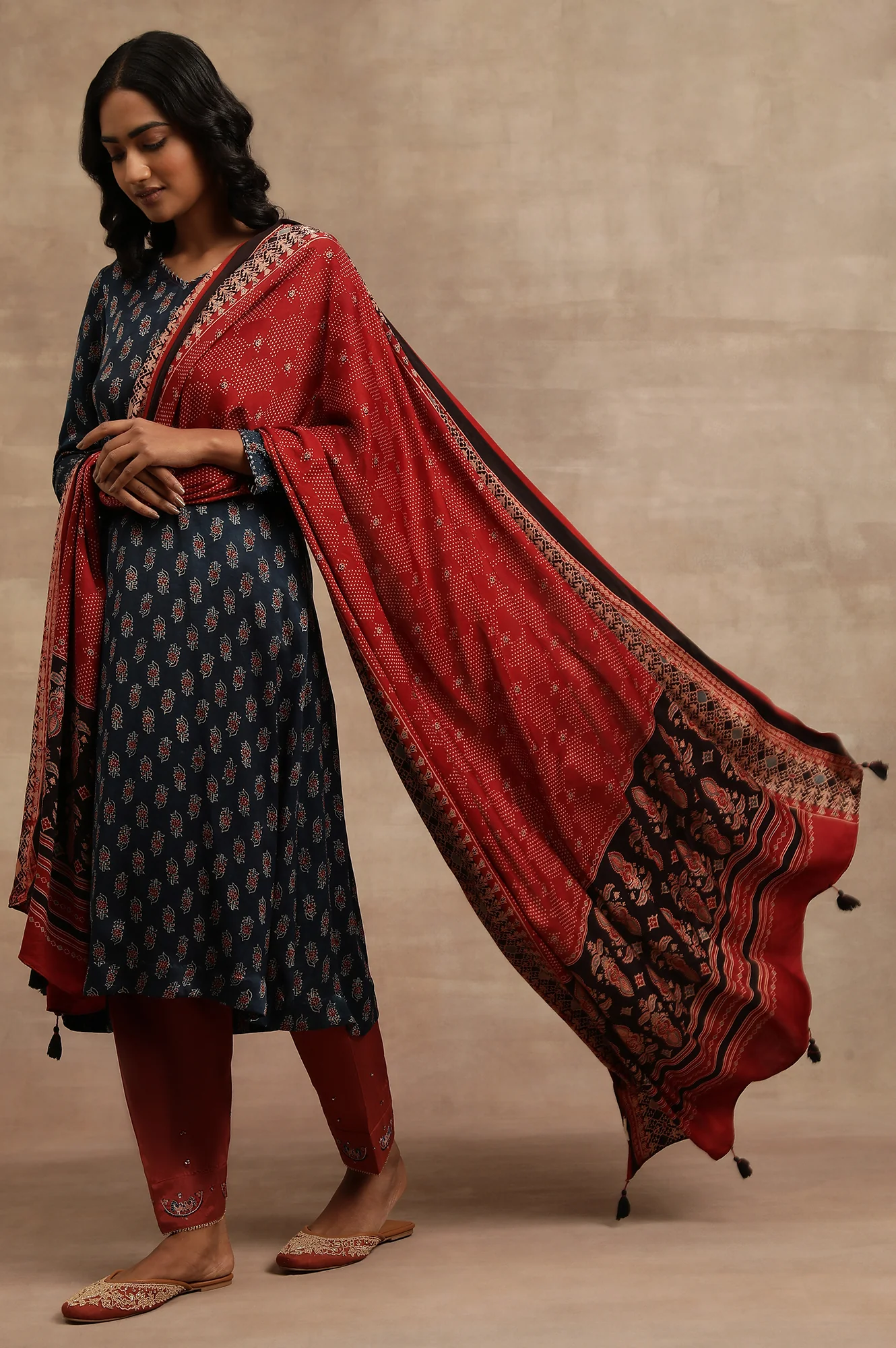 Red Ajrak Printed Satin Dupatta with Tassels