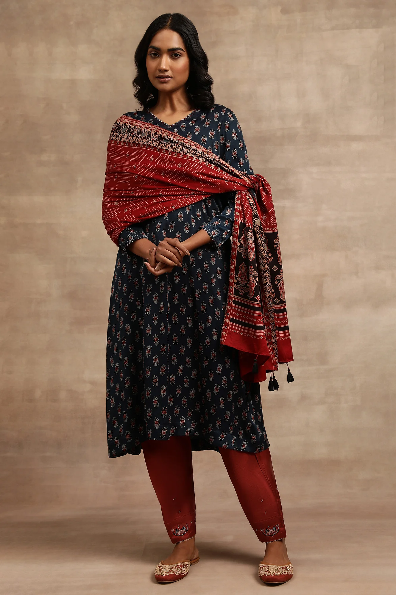 Red Ajrak Printed Satin Dupatta with Tassels - Image 2