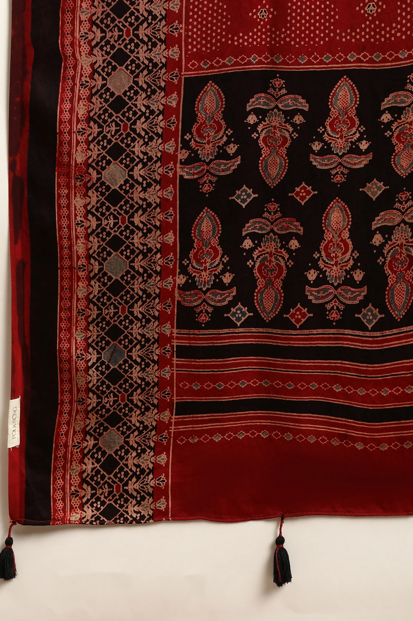 Red Ajrak Printed Satin Dupatta with Tassels - Image 3