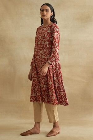 Red Ajrakh Print Boat Neck kurta - Image 3