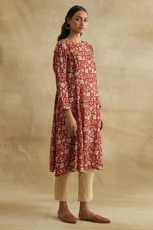 Red Ajrakh Print Boat Neck kurta - Image 4