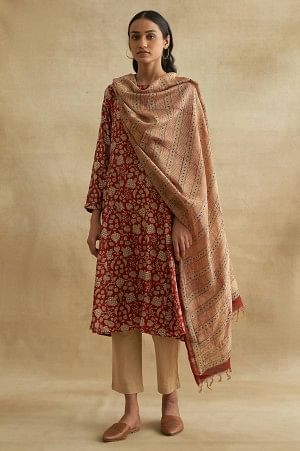 Red Ajrakh Print Boat Neck kurta - Image 5