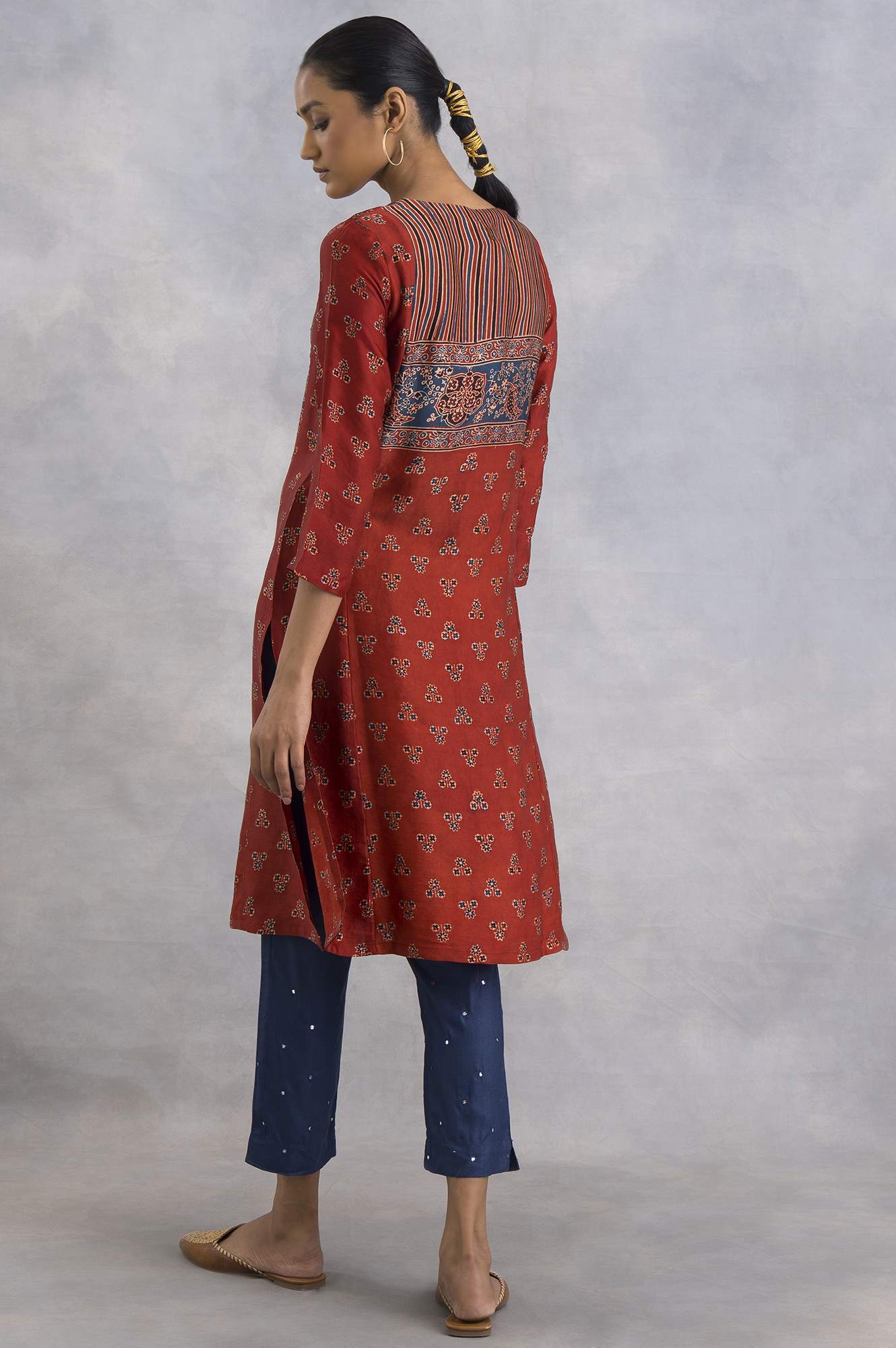 Red Ajrakh Print kurta In Fluid Satin - Image 2