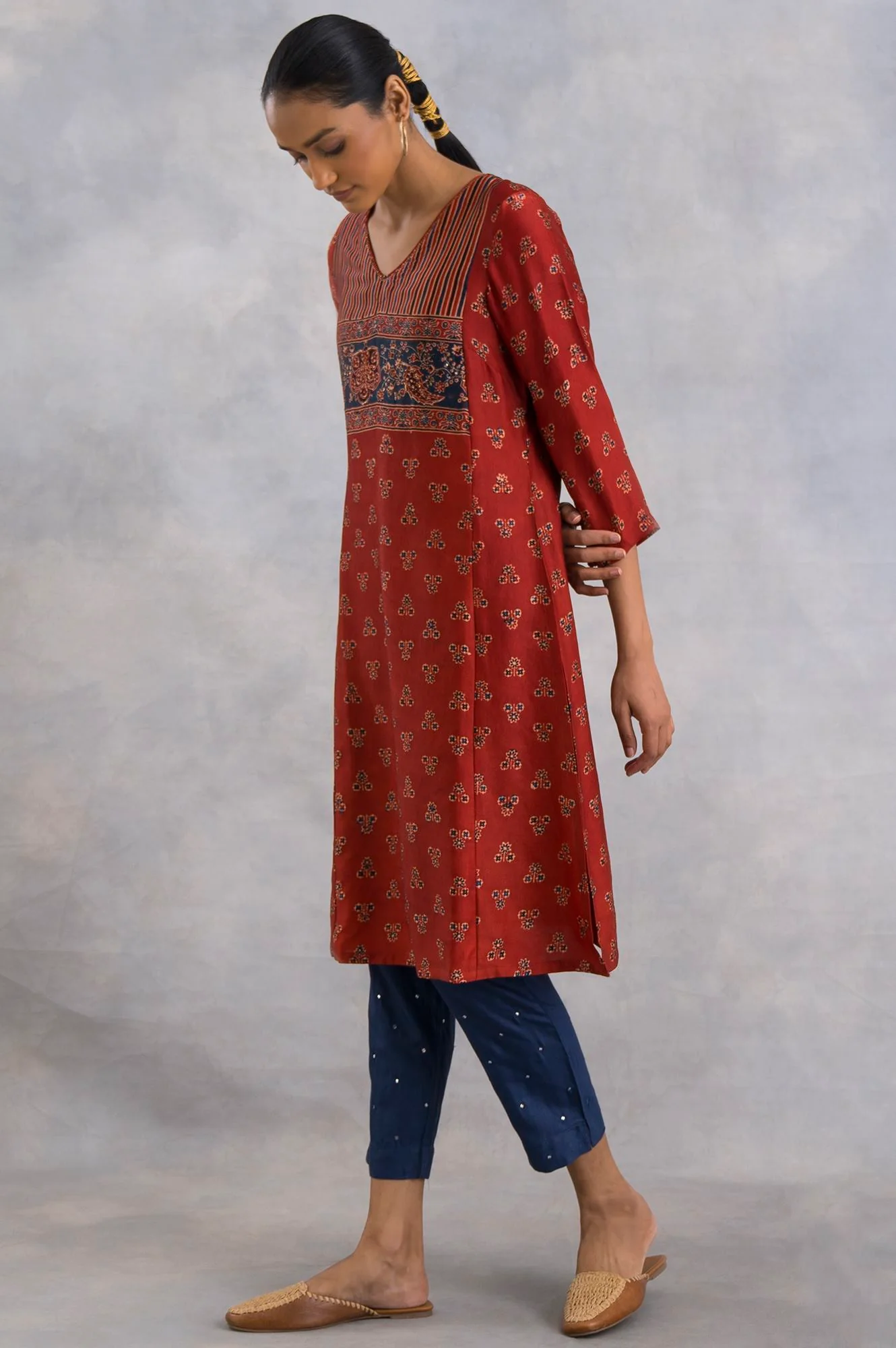 Red Ajrakh Print kurta In Fluid Satin - Image 3
