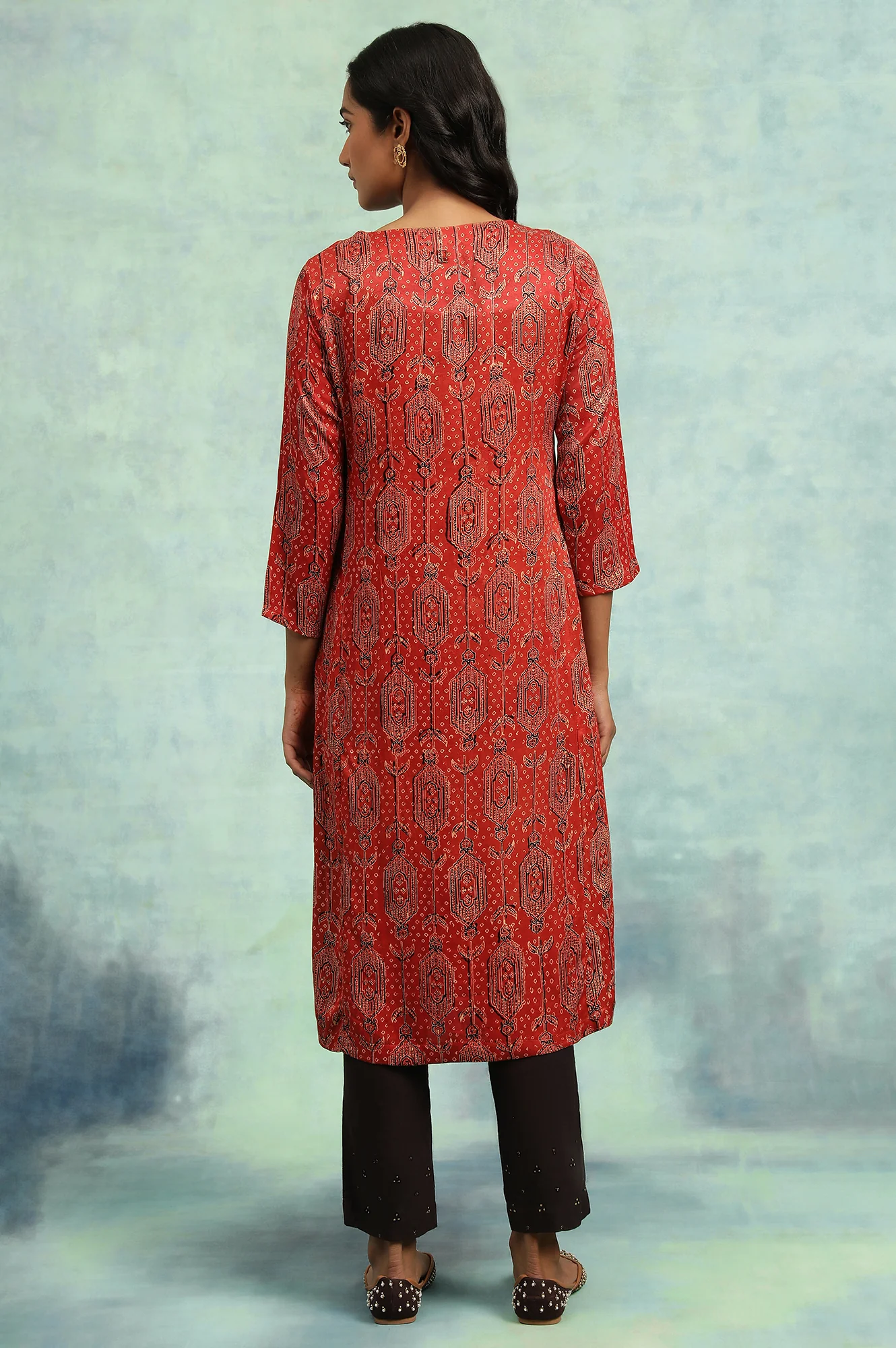 Red Ajrakh Print kurta In Lustrous Satin - Image 2