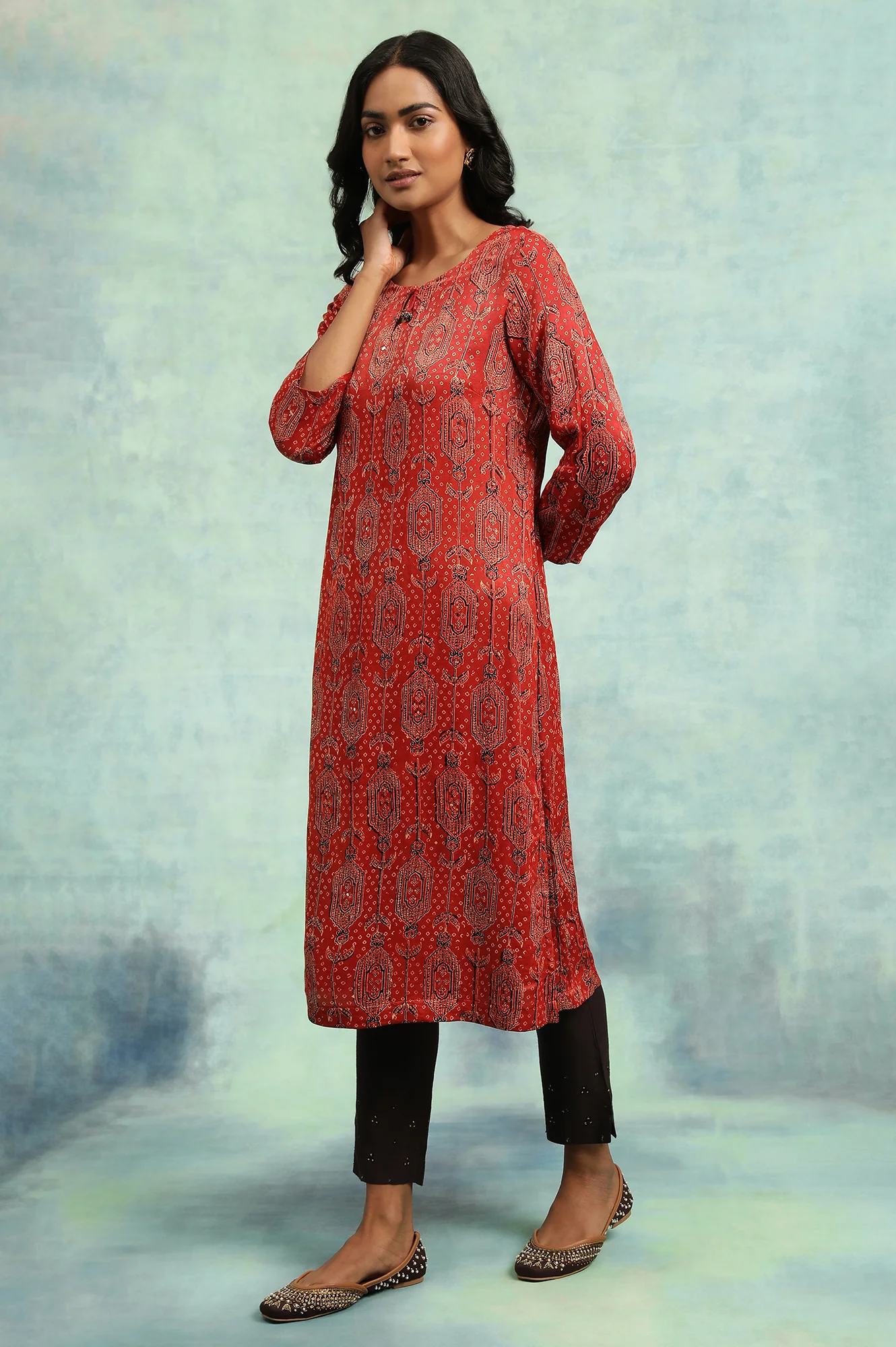 Red Ajrakh Print kurta In Lustrous Satin - Image 3