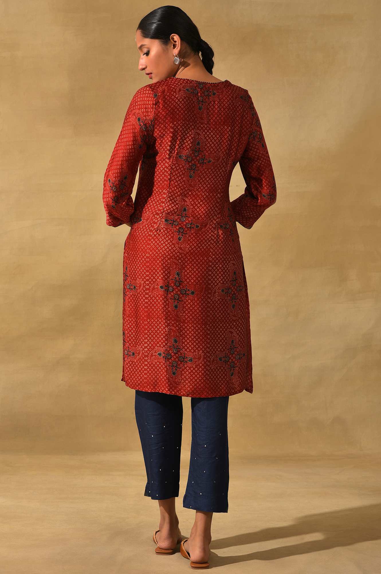 Red Ajrakh Print Lustrous kurta - Image 2